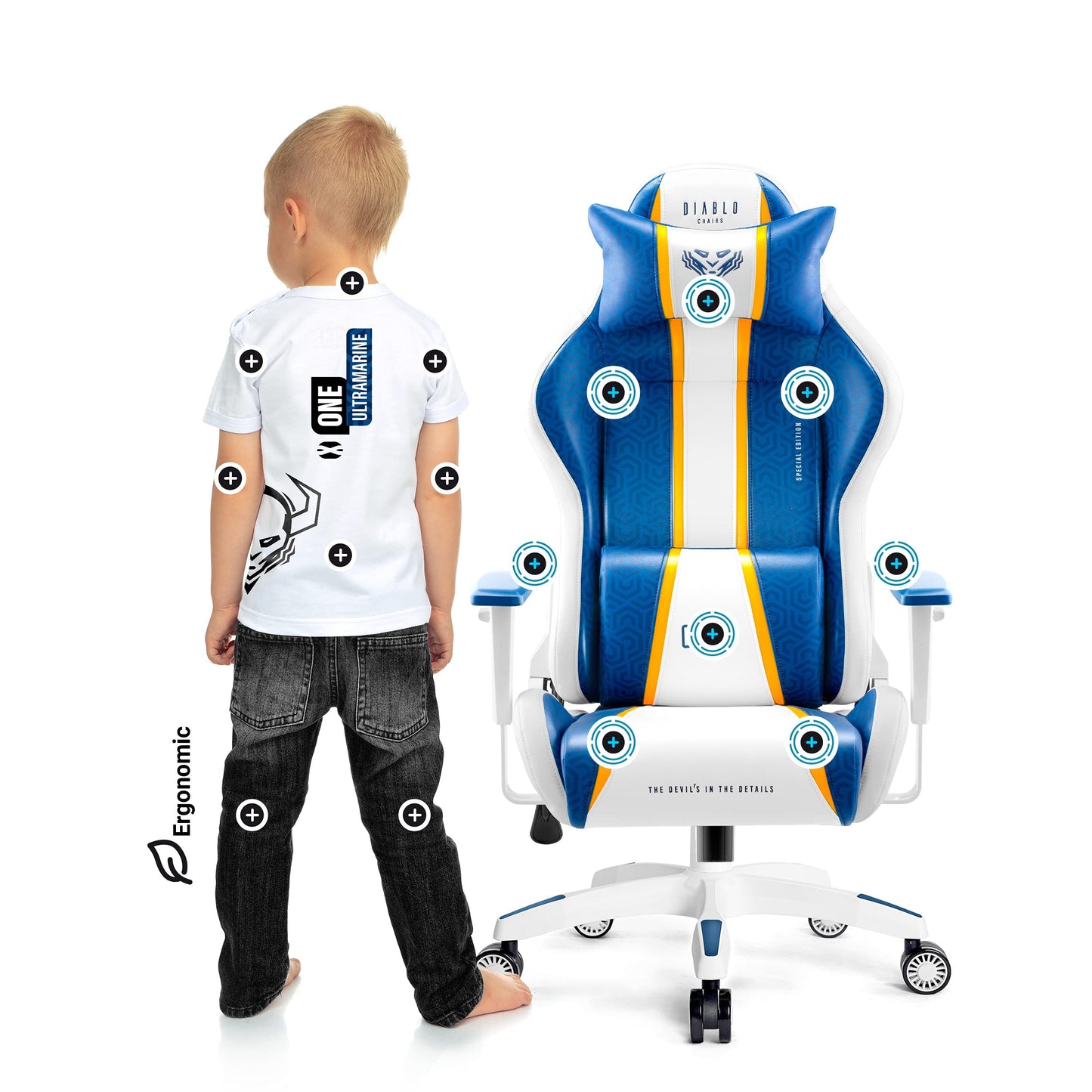 Diablo X-One 2.0 Gaming Stuhl Gamer Chair Bürostuhl Schreibtischstuhl Verstellbare Armlehnen Ergonomisches Design Nacken/-Lendenkissen Wippfunktion Aqua Blue Normal (L)