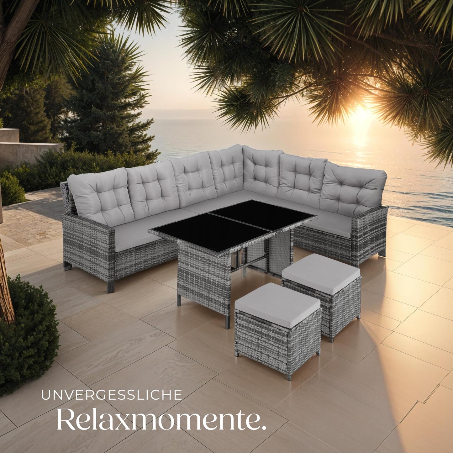 tectake Polyrattan Lounge Set, Garden Furniture Set with Sofa, Stool + Table, Balcony Furniture Outdoor, 5-Piece Seating Set, Including Seat and Back Cushion, Ideal for Garden, Patio, Balcony -