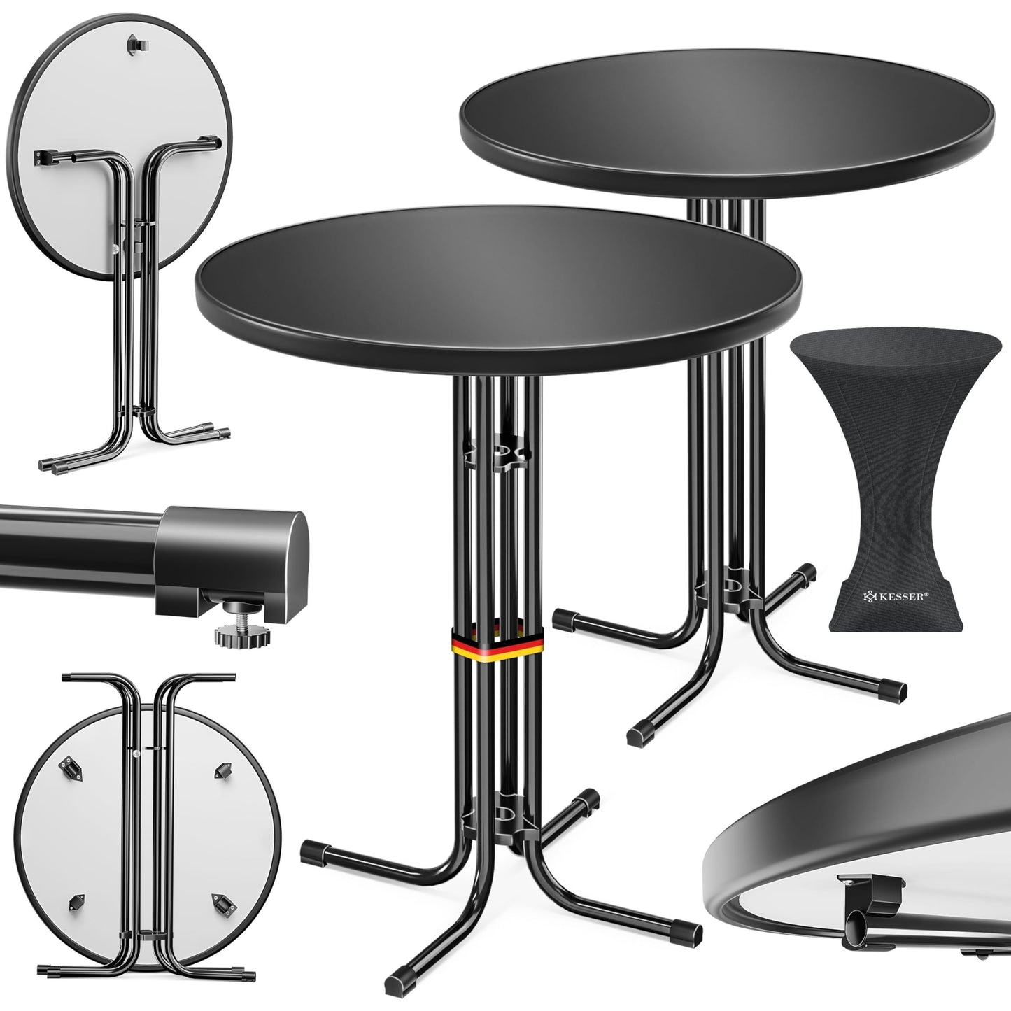 KESSER® Gastro Bar Table Folding Bistro Table Powder-Coated Stainless Steel Top Height-Adjustable Feet Party Table Diameter 80 cm Indoor and Outdoor Reception Table Folding Table Including Cover Black