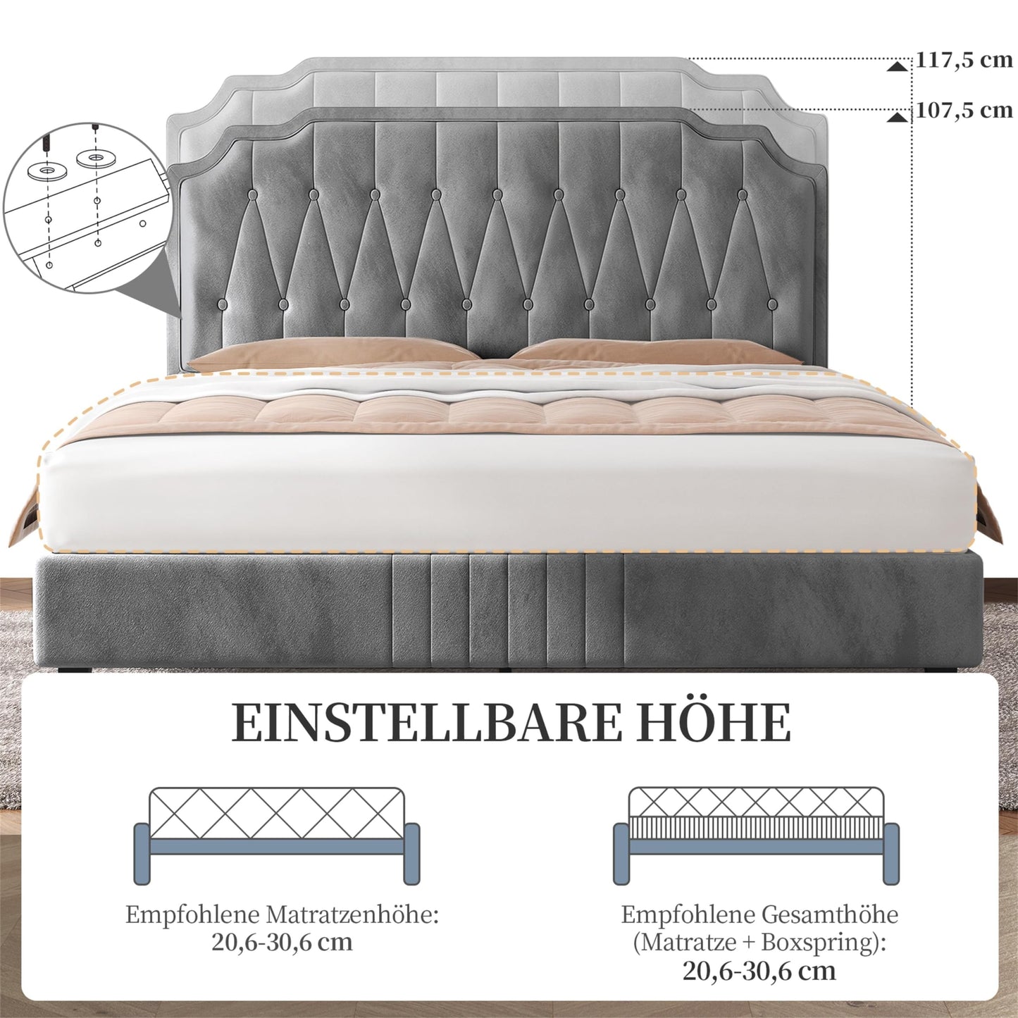 Yaheetech Upholstered Double Bed 140 x 200 cm Fabric Bed Youth Bed Padded Bed with Height-Adjustable Headboard Bed Frame with Slatted Frame, Dark Grey