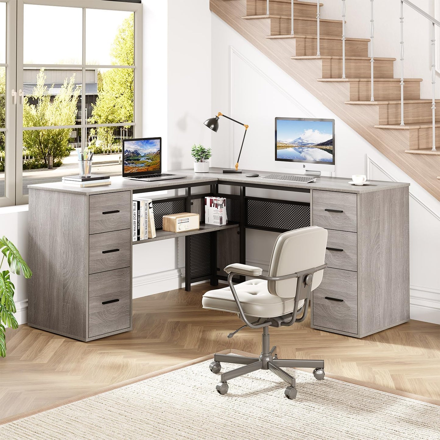 HSH - Black L Shape Corner Desk with Filing Drawers and Shelves, Reversible Corner Desk Made of Metal and Wood with Storage Cabinets