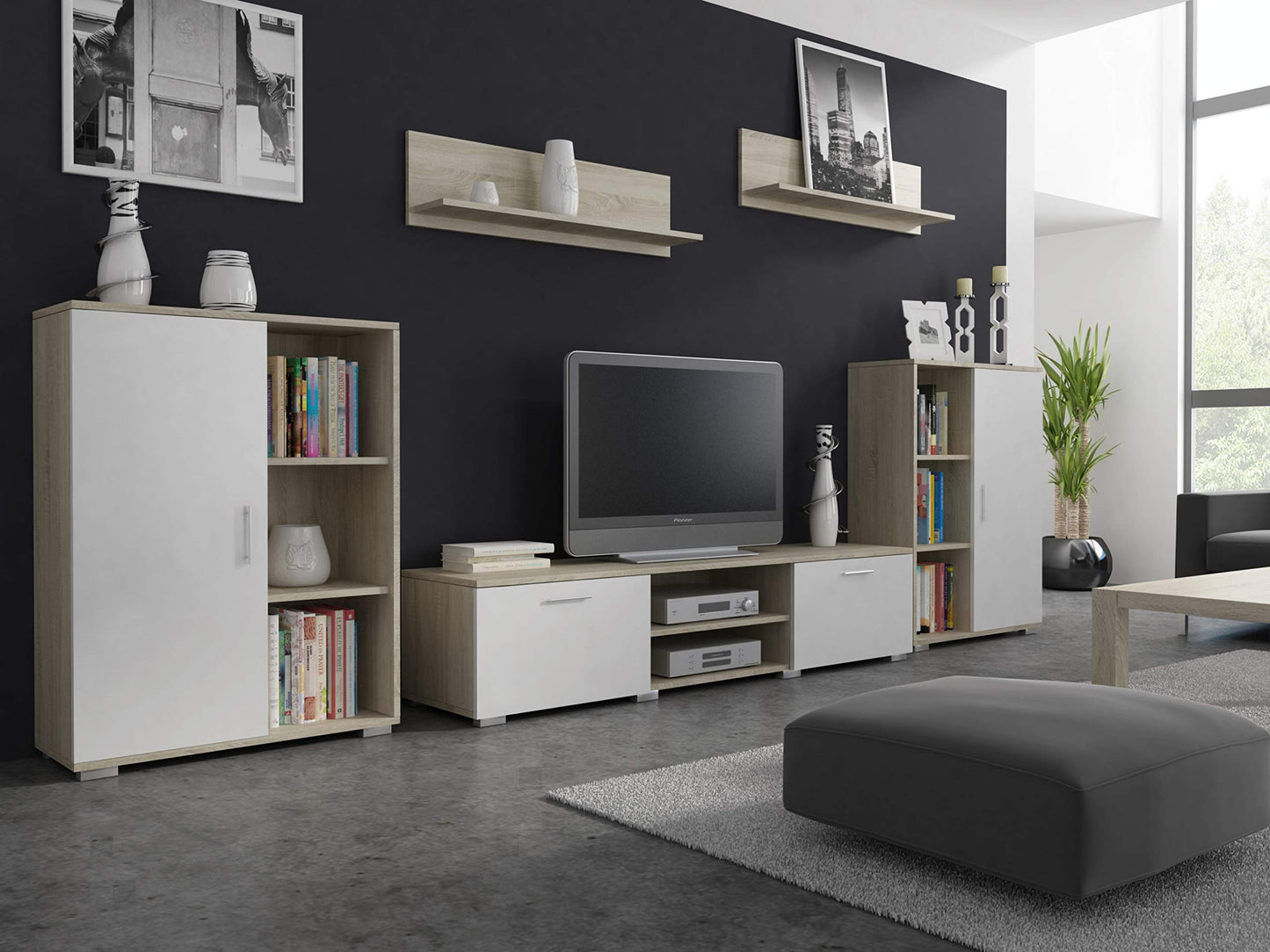 MATKAM Herkules II Wall Unit, Modern Living Room Cabinet with TV Table, Sideboard and Wall Shelf, Living Room Complete Furniture (White/Black)