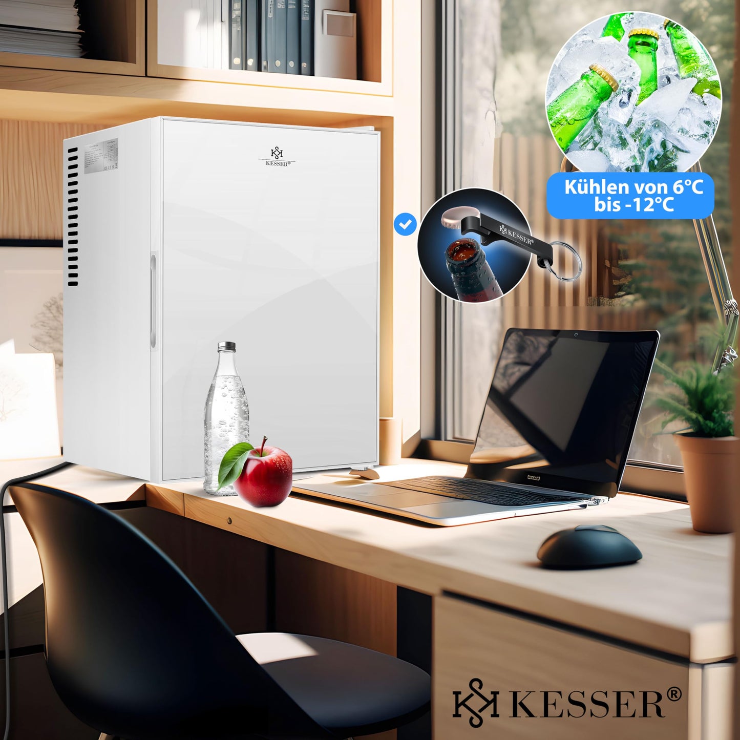 KESSER® Mini Fridge 40 L Lockable Mini Bar Ideal for Camping, Office, Bedroom, Hotel, Kitchen, Small Fridge Completely Silent, Interchangeable Door Hinge, Interior Lighting with Glass Opener