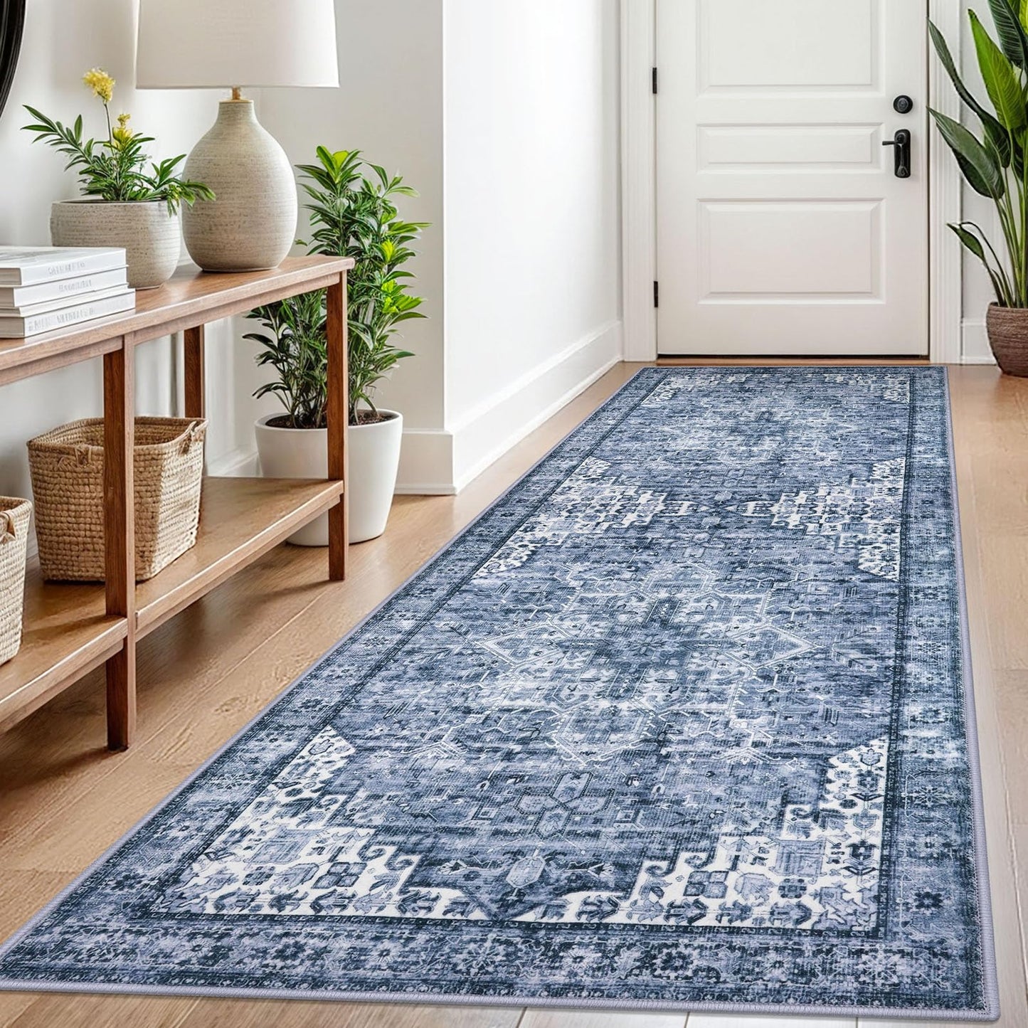 2x3 Blue Washable Rug for Entrance, Soft Traditional Area Rug, Non-Slip Printed Kitchen Rugs, Low-Pile Medallion Indoor Door Mat, Small Farmhouse Carpet for Entryway Kitchen Foyer Bedside