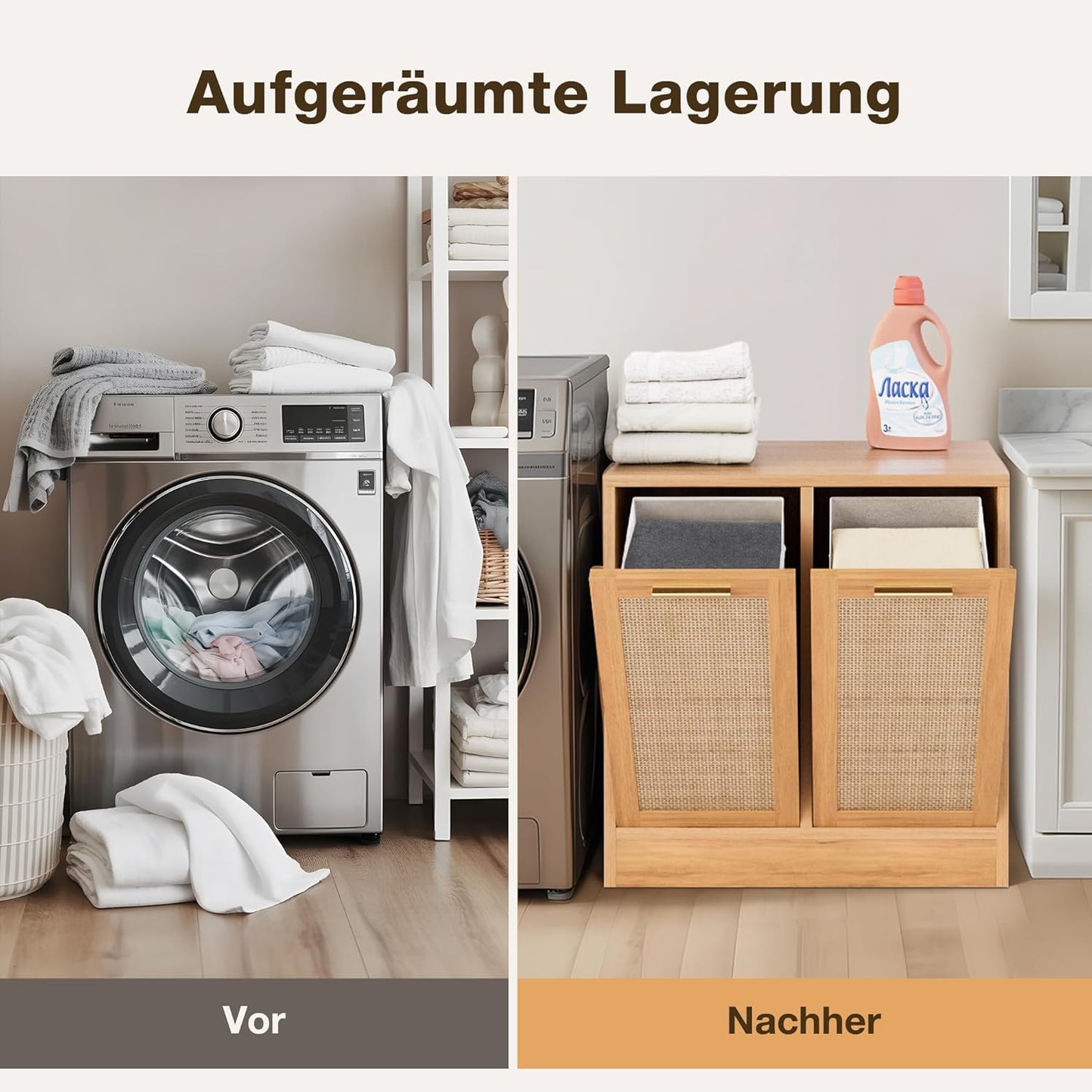 Pamapic Wäscheschrank mit 2 Abnehmbaren Wäschekörben, Magnetverschluss & Echtes Rattan-Design, Badschrank mit Wäschekorb, Wäschekorb Schrank Kippschutz, 66 x 39,5 x 68 cm, Holzfarbe