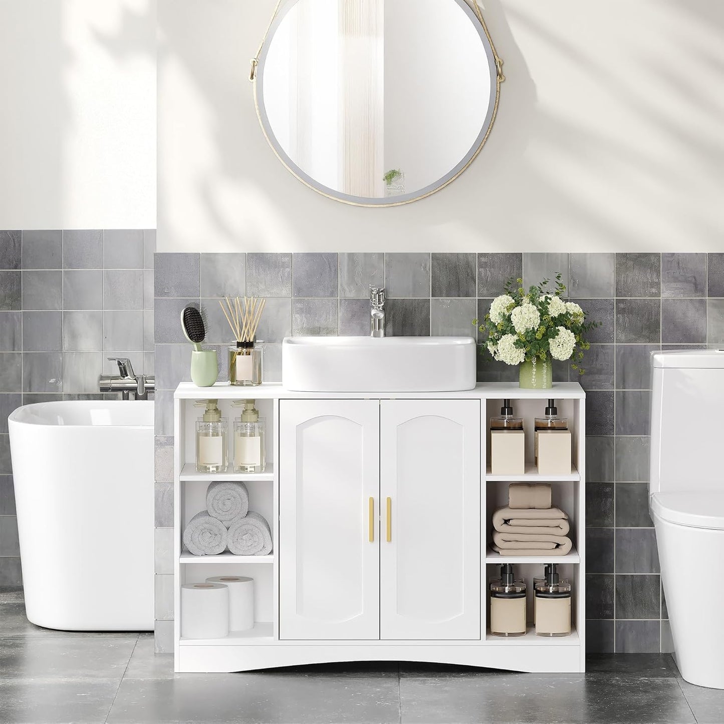 HEXCELEN Vanity Unit, Bathroom Cabinet, Vanity Unit with 2 Doors, 6 Open Compartments, Bathroom Cabinet, Adjustable Shelf, Lots of Storage Space, White, 30 x 90 x 61.2 cm