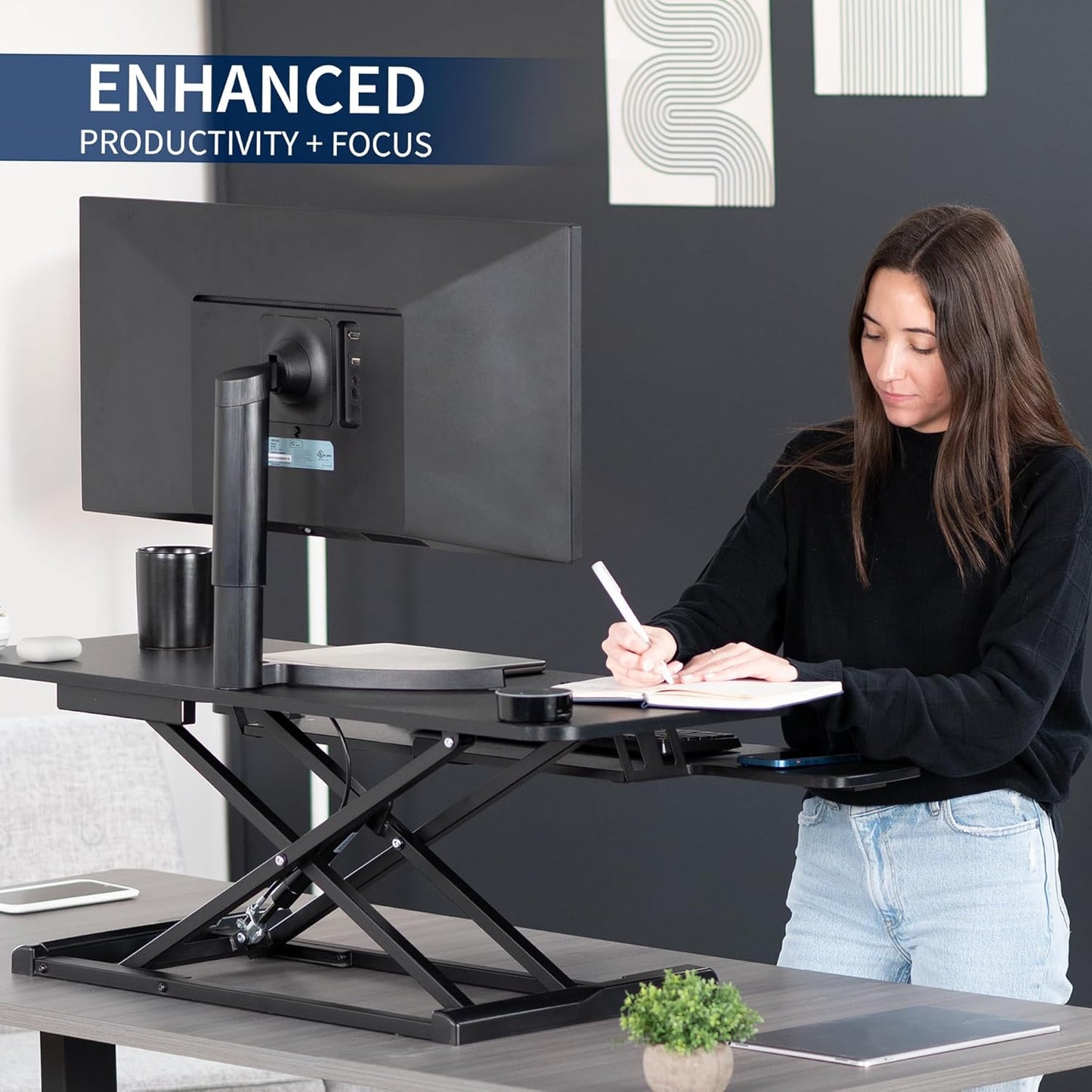VIVO 32” Stehpult-Konverter mit höhenverstellbarem Aufsatz, Steh-Sitz-Arbeitsplatz für zwei Monitore und Laptop, mit breiter Tastaturablage, Schwarz, DESK-V000K