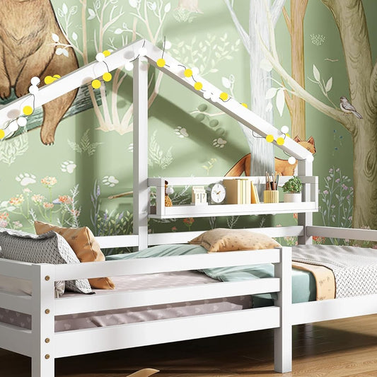 Merax Children's Bed 90 x 200 cm with Fall Protection, Children's House Bed with Drawers and Storage Shelf, Sturdy Wooden Tree House Bed with Slatted Frame, Play Bed for Boys and Girls, White