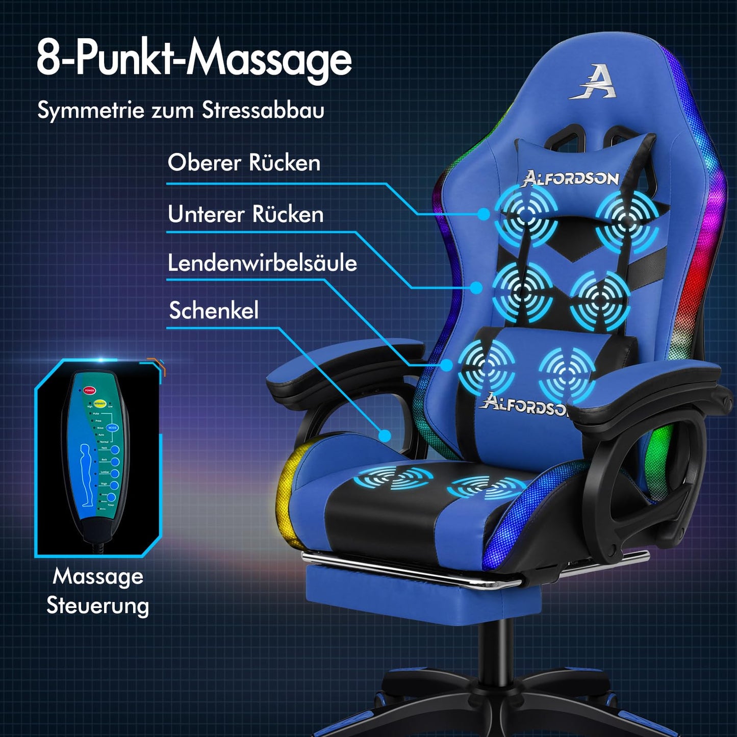 ALFORDSON Gaming Stuhl mit 8-Punkt Massage 12 Farben RGB LED-Licht, Bürostuhl Ergonomisch mit fußstützen, Kopfstütze Lendenkissen für Kinder Erwachsene, Schwarz