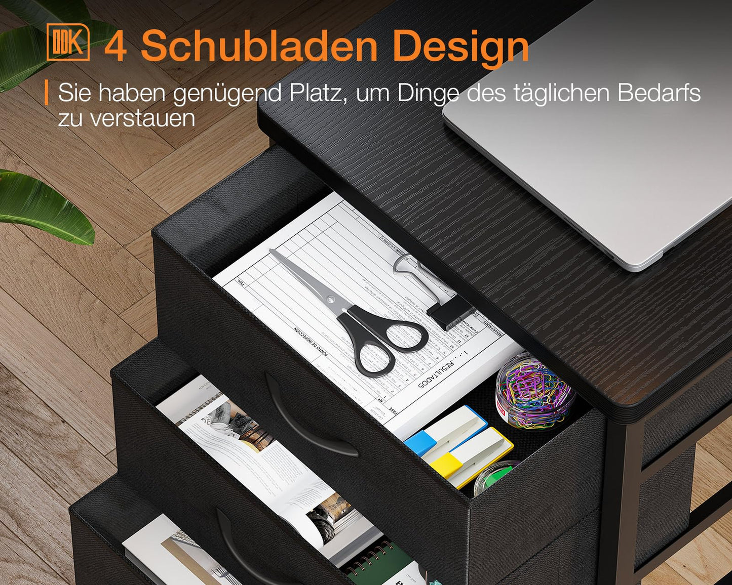 ODK Eckschreibtisch mit 4 Stoff Schubladen, 160x80cm Reversible Schreibtisch L Form mit 2 Steckdosen und 2 USB Ladeanschluss, Gaming Tisch L Form mit LED&Monitorständer für Home Office, Schwarz