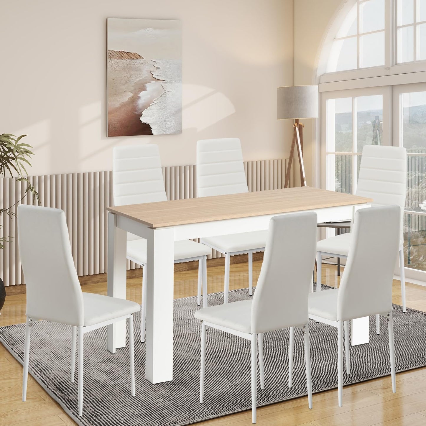 FURNITABLE Esstisch mit 6 Stühlen Esszimmergruppe, Essgruppe mit Hochlehner Kunstleder Stuhl für 6 Personen, Sitzgruppe für Küche Wohnzimmer(160cm Eiche-Weiß Tischbein Tisch+6 Schwarz Stühle)