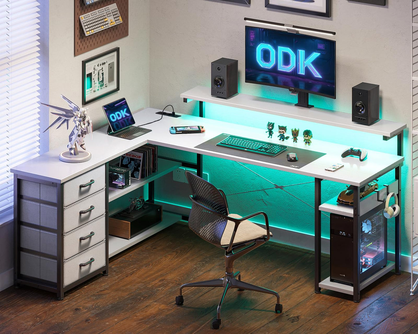 ODK Schreibtisch mit Schubladen, Reversible Eckschreibtisch mit 2 Steckdosen und 2 USB Ladeanschluss, Bürotisch L Form mit LED für Home Office 155×110cm (Alles Weiß)