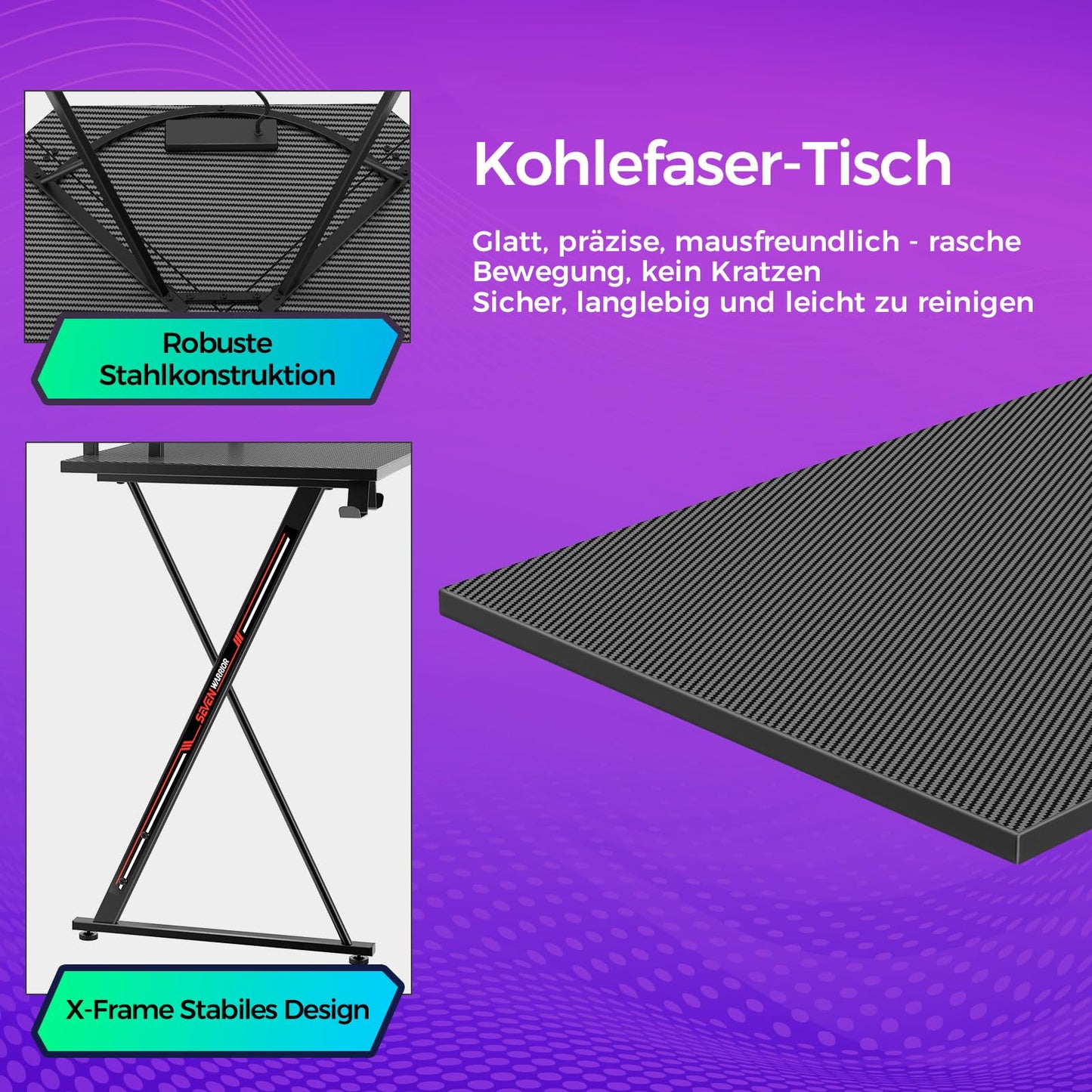 SEVEN WARRIOR Gaming Table L Shape, Gaming Desk with Socket, LED, Monitor Stand & 2 Hooks, Corner Desk with Carbon Fibre Surface, PC Computer Desk for Bedroom (127 x 127 cm)