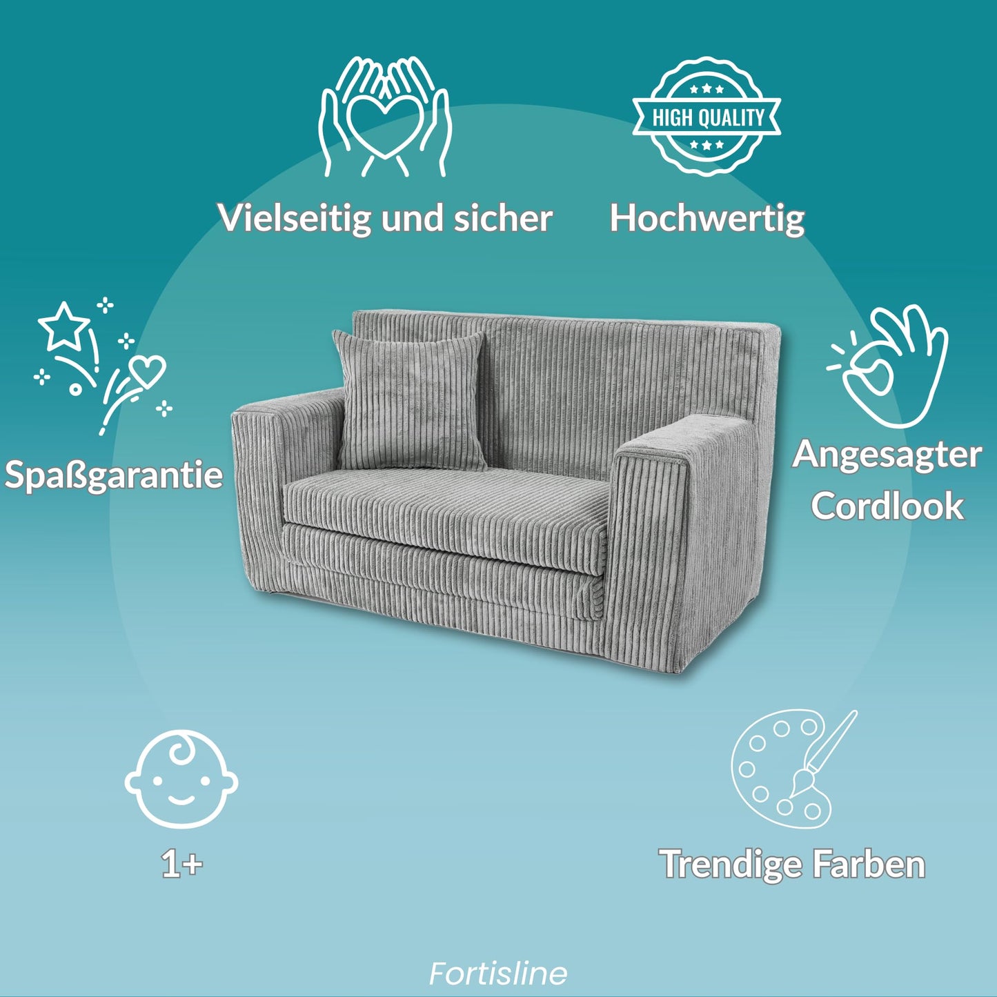 FORTISLINE - Kindersofa ausklappbar 83x47x43cm Oeko-TEX - Spielesofa für Kinder 2in1 - Kindercouch Aufklappen Bettfunktion - Schlafcouch aus Schaumstoff - Kuschel-Cord - Viele Muster (Grau)