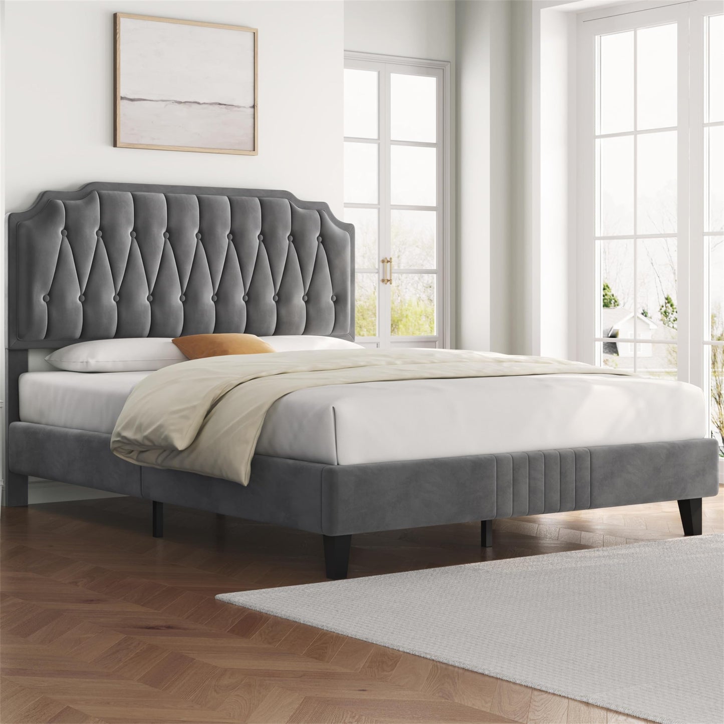 Yaheetech Upholstered Double Bed 140 x 200 cm Fabric Bed Youth Bed Padded Bed with Height-Adjustable Headboard Bed Frame with Slatted Frame, Dark Grey