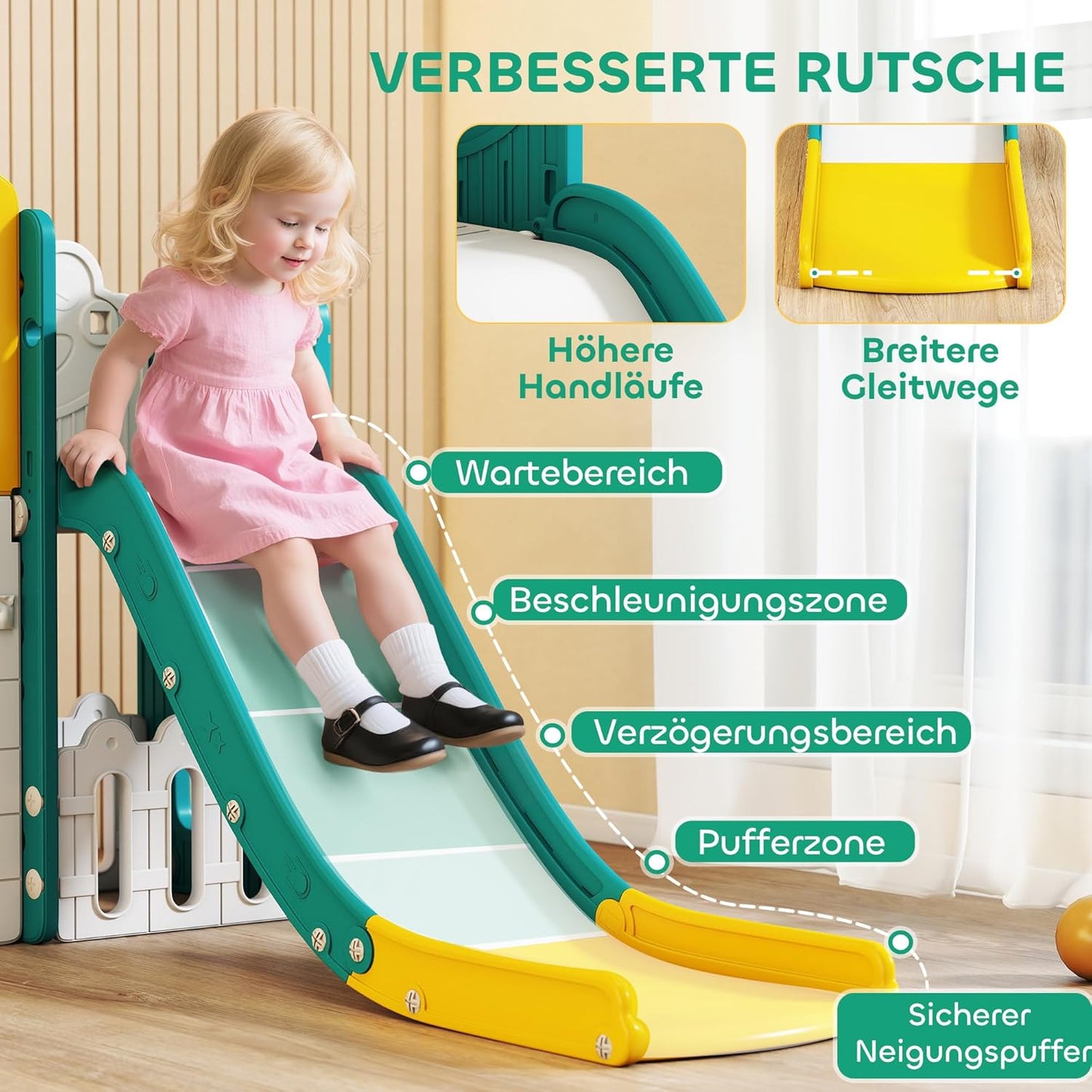 AIYAPLAY Children's Slide 7-in-1 Indoor and Outdoor Baby Slide with Basketball Hoop, Climbing Frame, Tunnel, Play Telescope, Storage Space, Drawing Board, Frog Motif Playground for Toddlers 1-3 Years