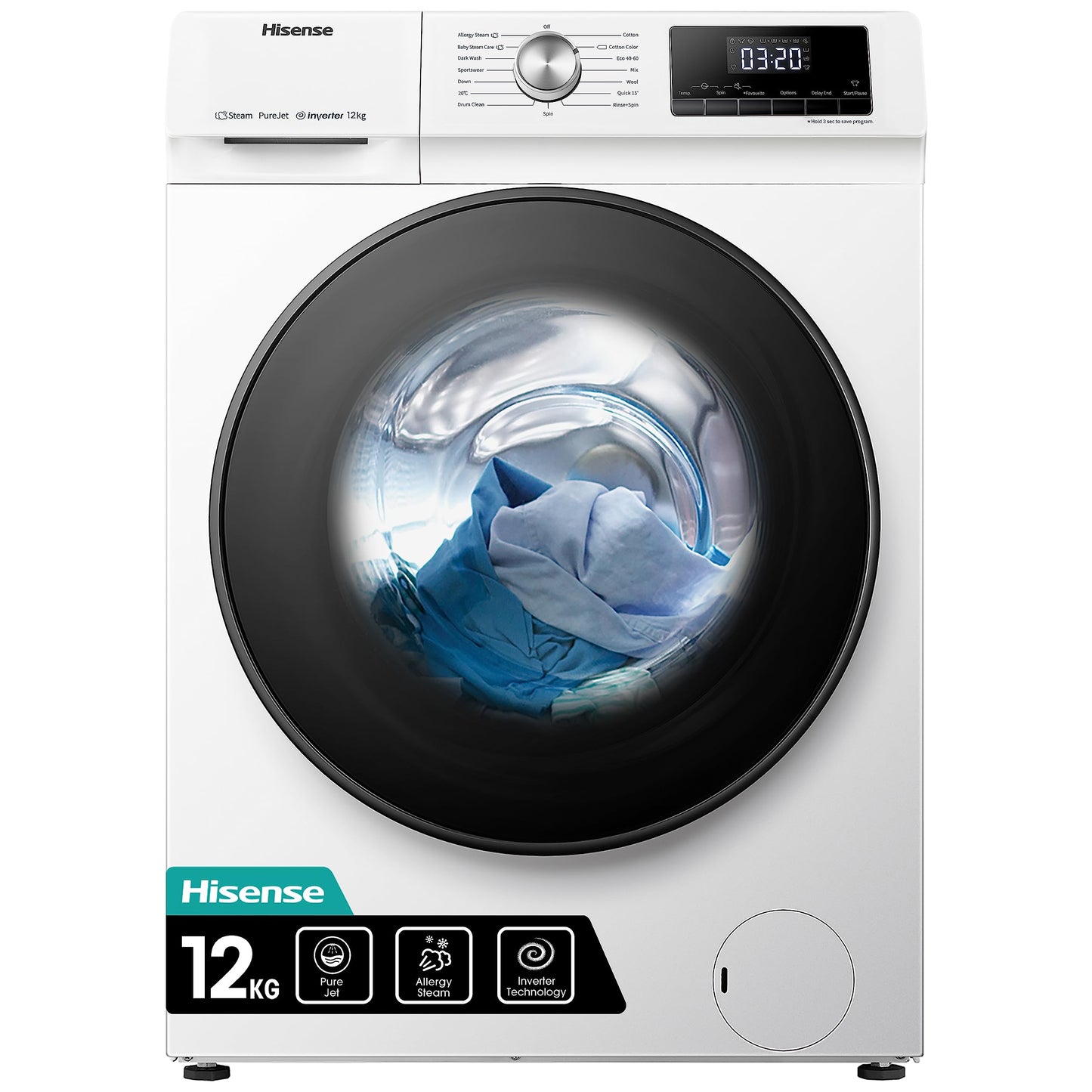 Hisense WF3S8043BB3 Waschmachine mit Dampffunkunktion, 8 kg, 1400 U,min, WIFI, ConnectLife, Power JetWash, Anti-Allergie Programm, Aqua Stop, Auto Wash, Quick Wash, EEK A-30 Prozent