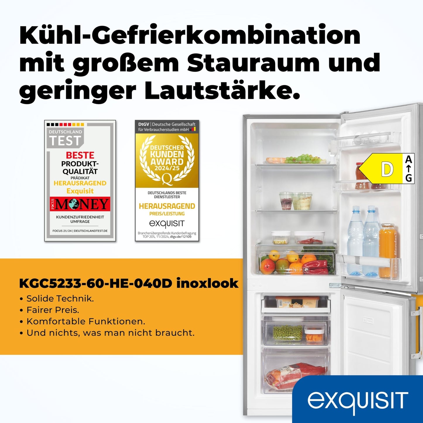 Exquisit Kühl-Gefrierkombination, 143 cm Höhe, Kühlschrank mit Gefrierfach, 4-Sterne-Gefrieren, 173 Liter, Alarm-Funktion, Kühl Gefrierkombination freistehend, KGC5233-60-HE-040D weiss