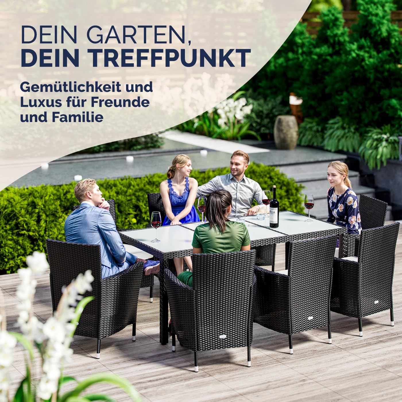Casaria® Gartenmöbel Set 8 Personen Stühle inkl. 7cm Polster & Abdeckung Tisch 190x90cm 160kg Belastbar Wetterfest Polyrattan Stapelbar Terrasse Möbel Grau