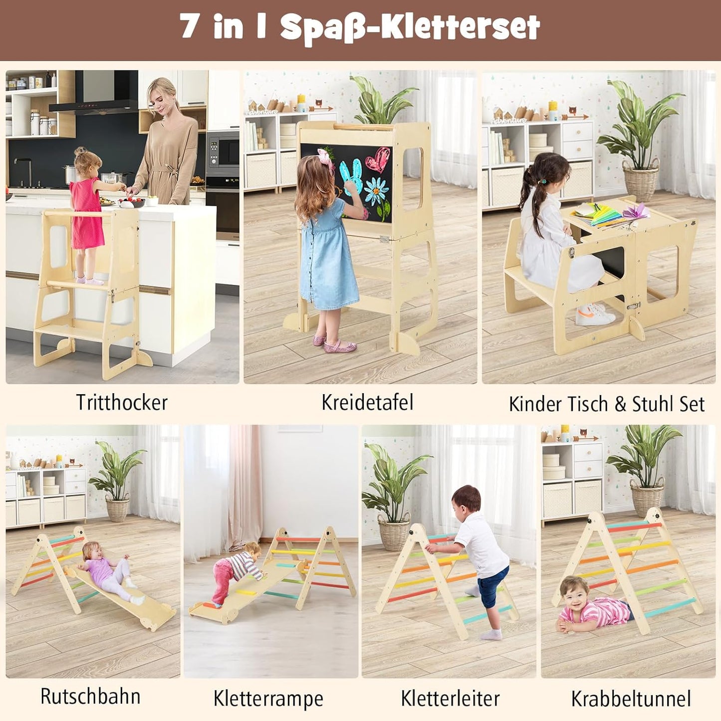 GOPLUS 7-in-1 Climbing Triangle Children, Foldable Climbing Set with Double-Sided Ramp, Convertible Step Aid & Board, Table & Chair Set, Montessori Gymnastics Toy for Children 3-14 Years Old