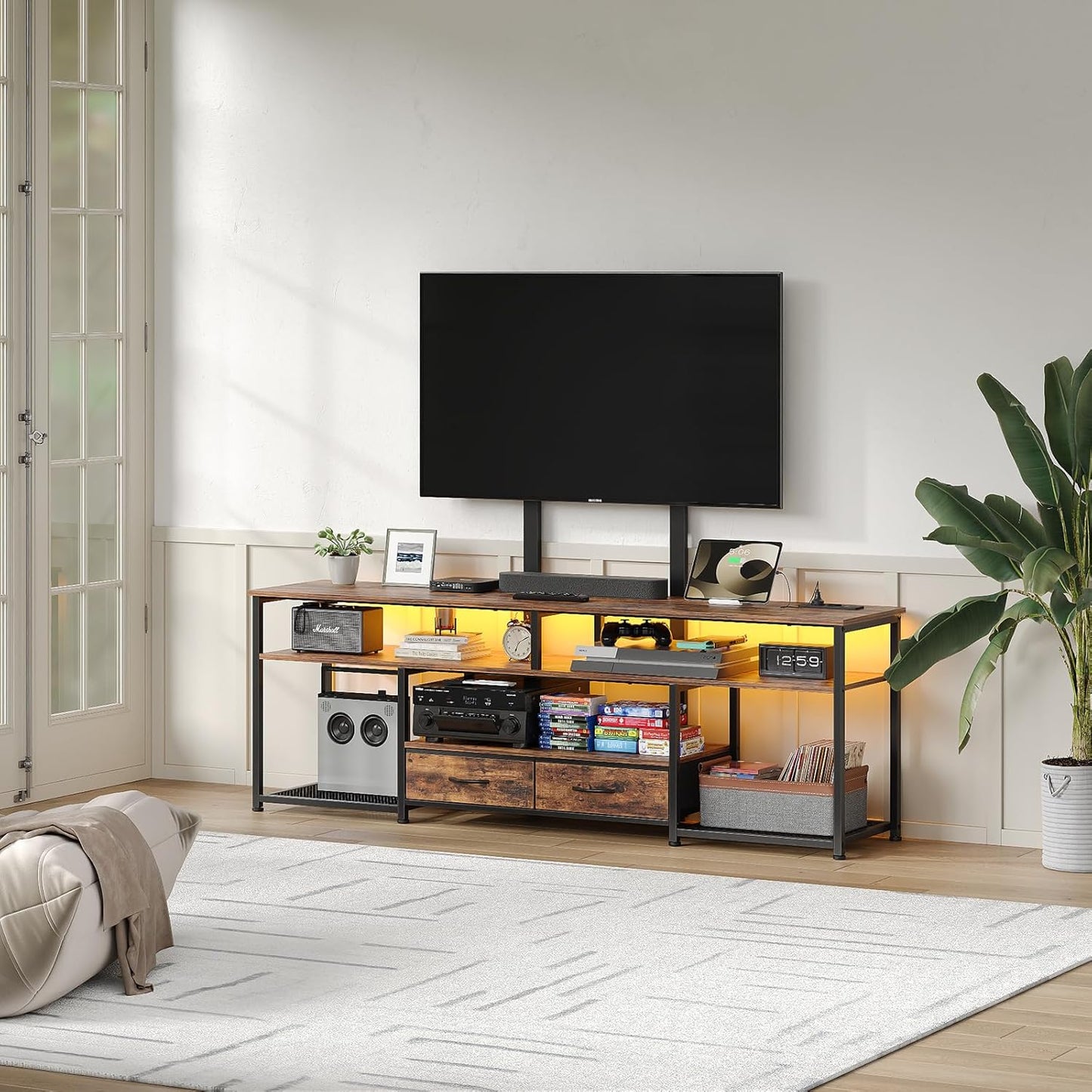 FUSOU TV Cabinet with Bracket and LED Lights, Lowboard for TVs up to 70 Inches, TV Stand with 2 Drawers, 5 Open Compartments, TV Cabinet for Living Room, Vintage Brown/Black