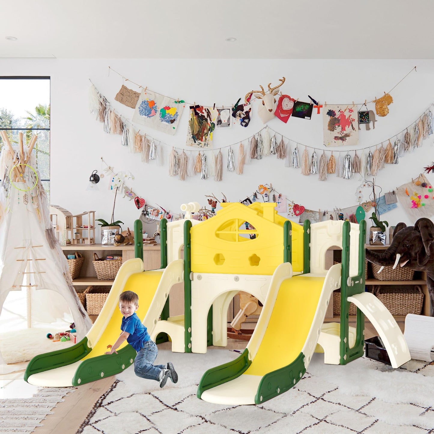 BestAlice 4 in 1 Kinderrutsche Set für Outdoor und Innen, Spielplatz mit Schaukel, Basketballkorb, Kletterleiter, Indoor- und Outdoor-Spielset, 18 Monate + (Blau)