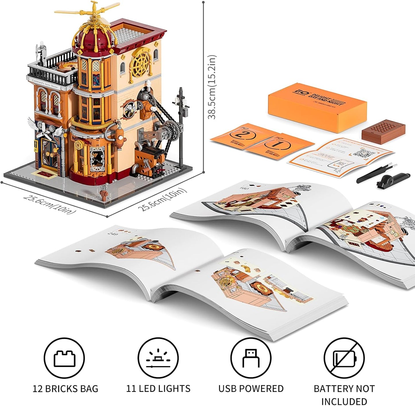 FUNWHOLE Steampunk Flugclub Beleuchtetes Baustein-Set - 1858 Teile Modularer Baukasten Sammler-Set für Erwachsene und Jugendliche