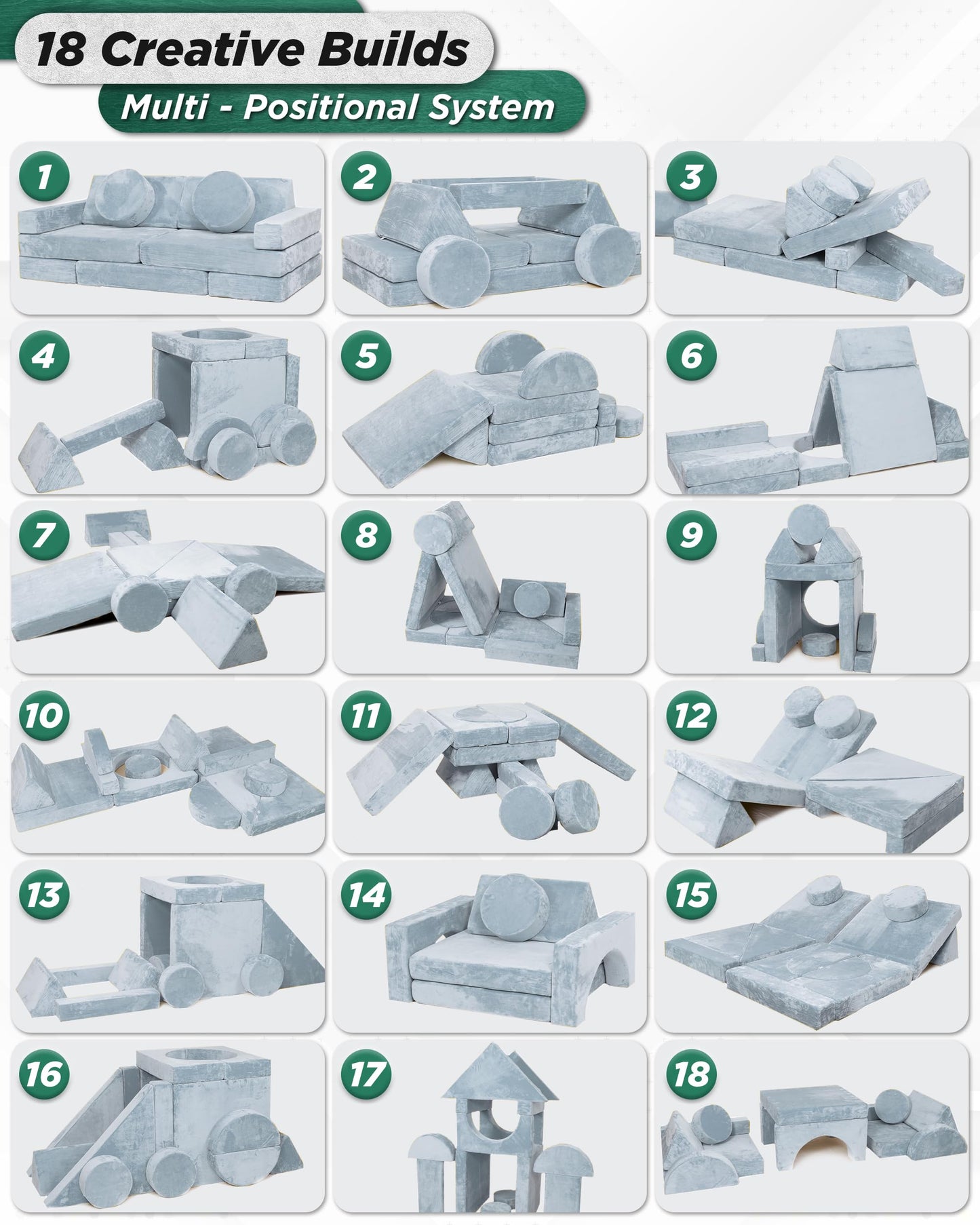 Lunix LX15 14pcs Modular Kids Play Couch, Child Sectional Sofa, Fortplay Bedroom and Playroom Furniture for Toddlers, Convertible Foam and Floor Cushion for Boys and Girls, Gray