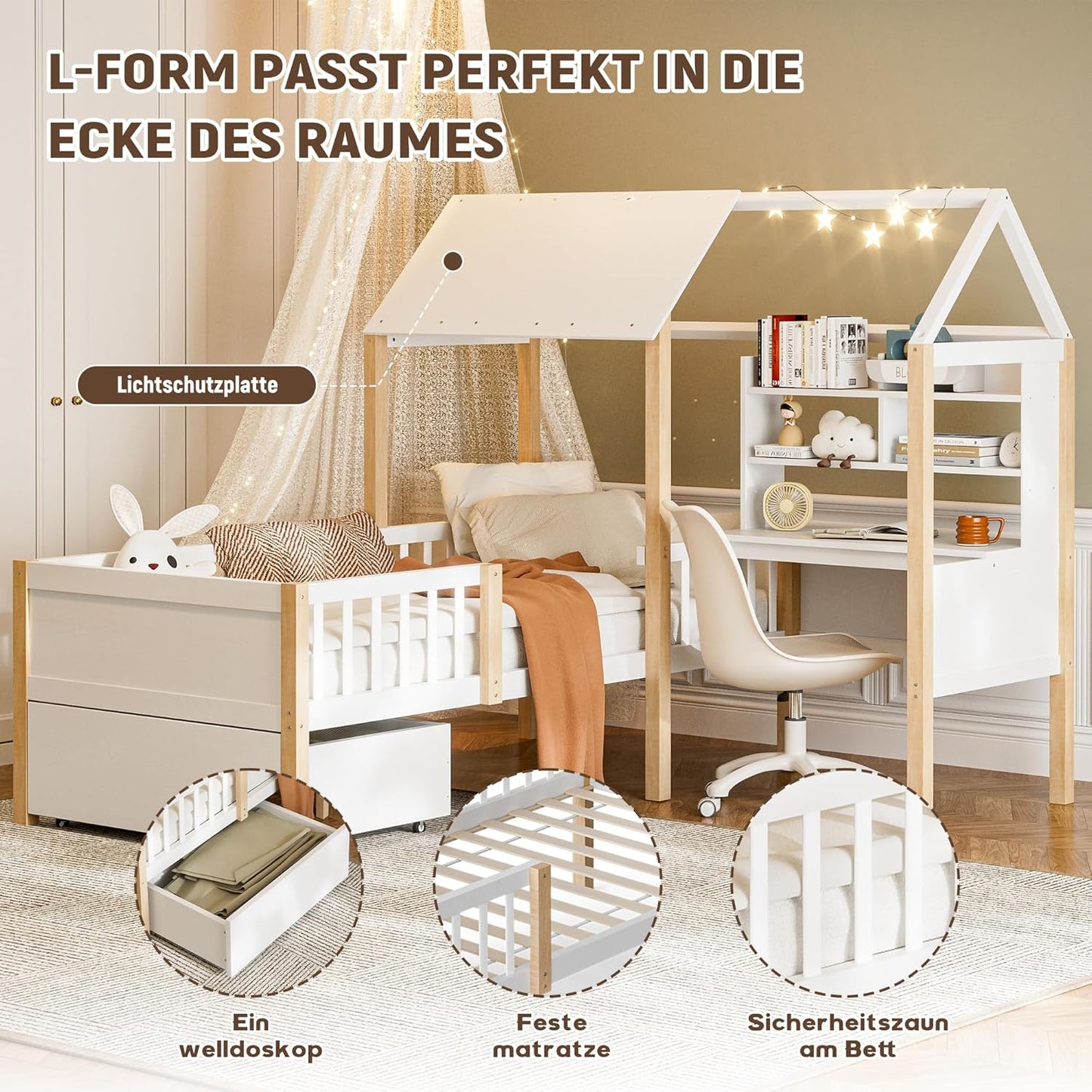 Merax Children's Bed 90 x 200 cm with Fall Protection, Children's House Bed with Drawers and Storage Shelf, Sturdy Wooden Tree House Bed with Slatted Frame, Play Bed for Boys and Girls, White