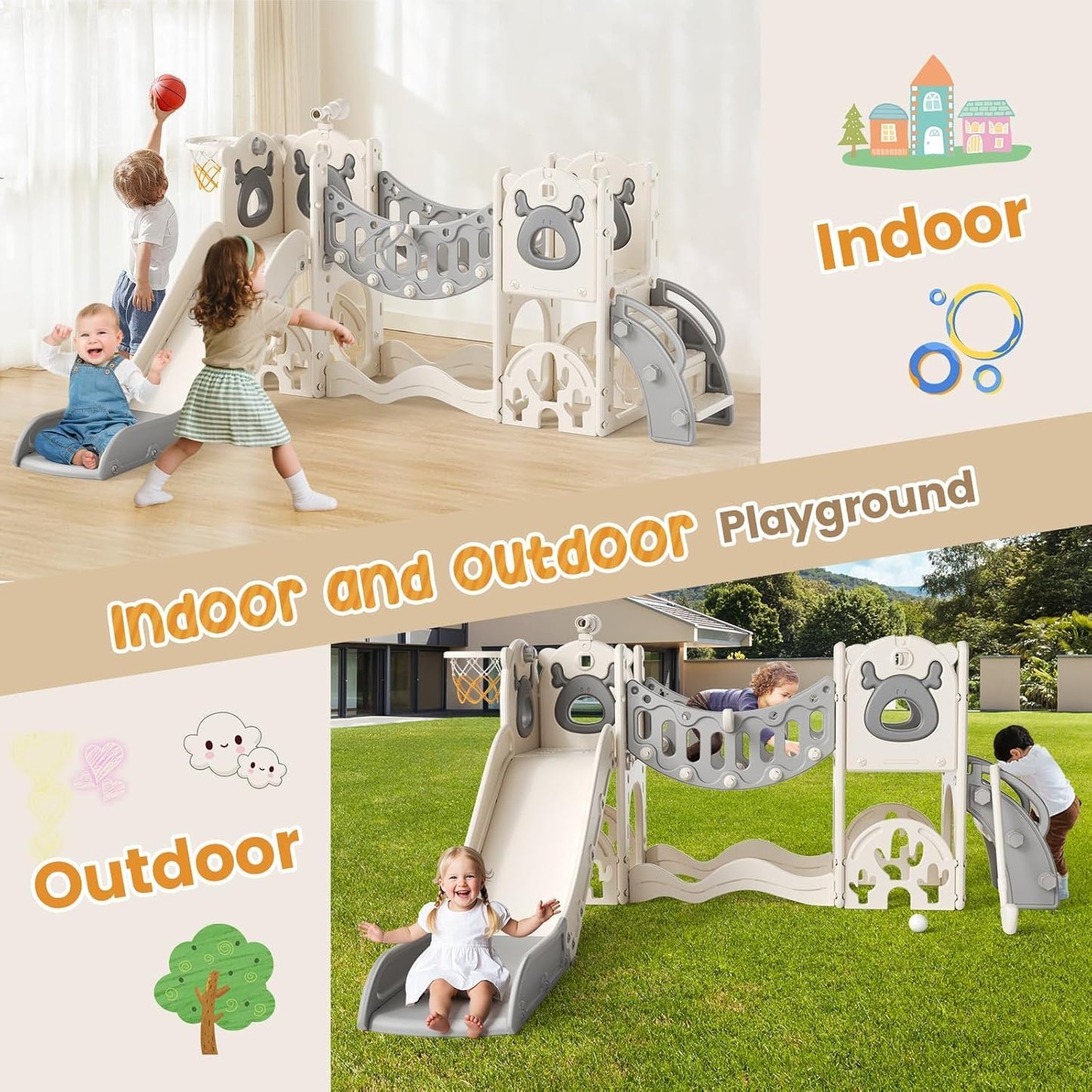 Children's Slide, Large Toddler Slide with Basketball Hoop, Climbing Frame for the Garden, Telescope, Storage Space, for 1-3 Years, Extra Long 1700 mm (7-in-1 Elk Slide Active Model (Khaki)))