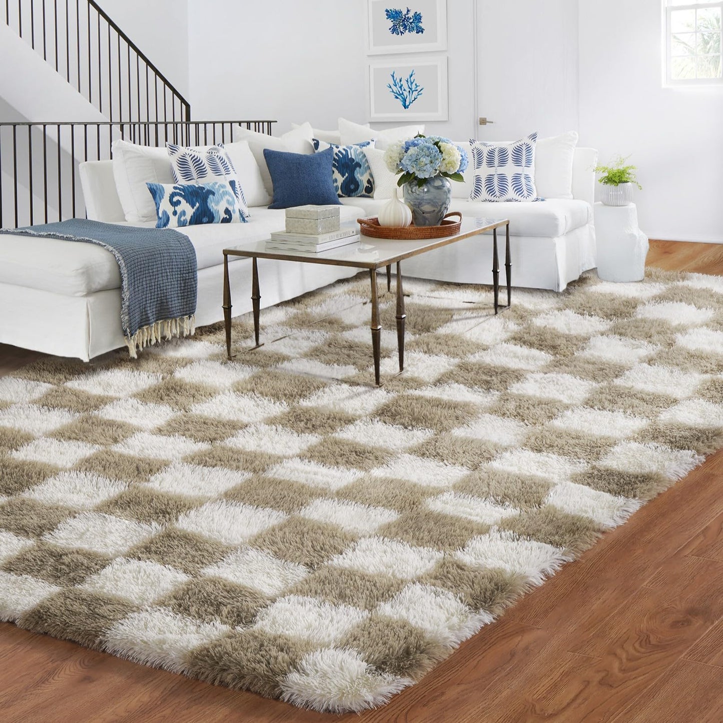 BYBSRLL Checked Rug Pink and White 120 x 180 cm High Pile Soft Fluffy Cuddly Rug Washable Rug Living Room Bedroom Children's Room Girls Non-Slip Rugs for Living Room