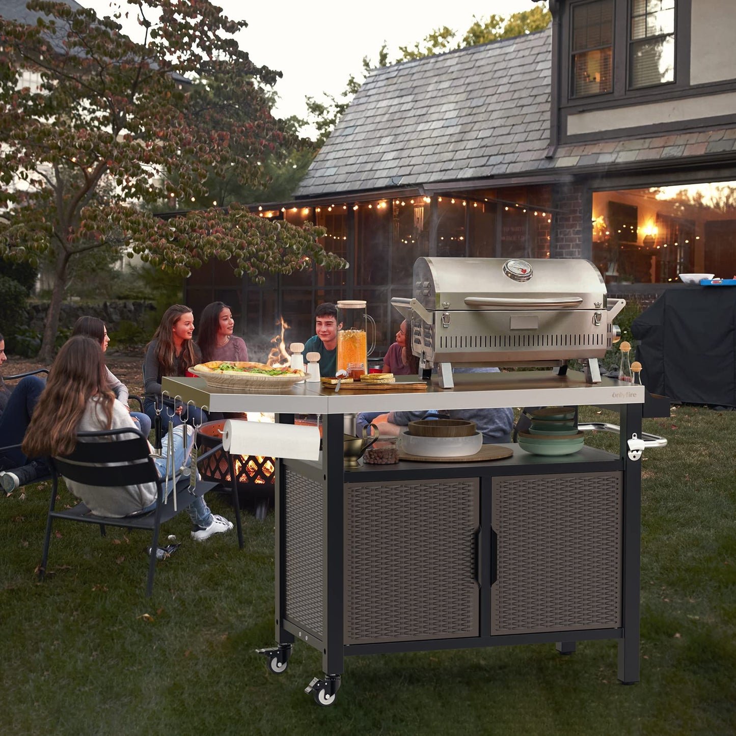 onlyfire Outdoor Barbecue Table, Grill Trolley with Folding Side Shelves, Outdoor Serving Trolley with Wheels, BBQ Table, Outdoor Side Table, Three Levels, Stainless Steel Table Top, 97.5 × 56 × 91 cm