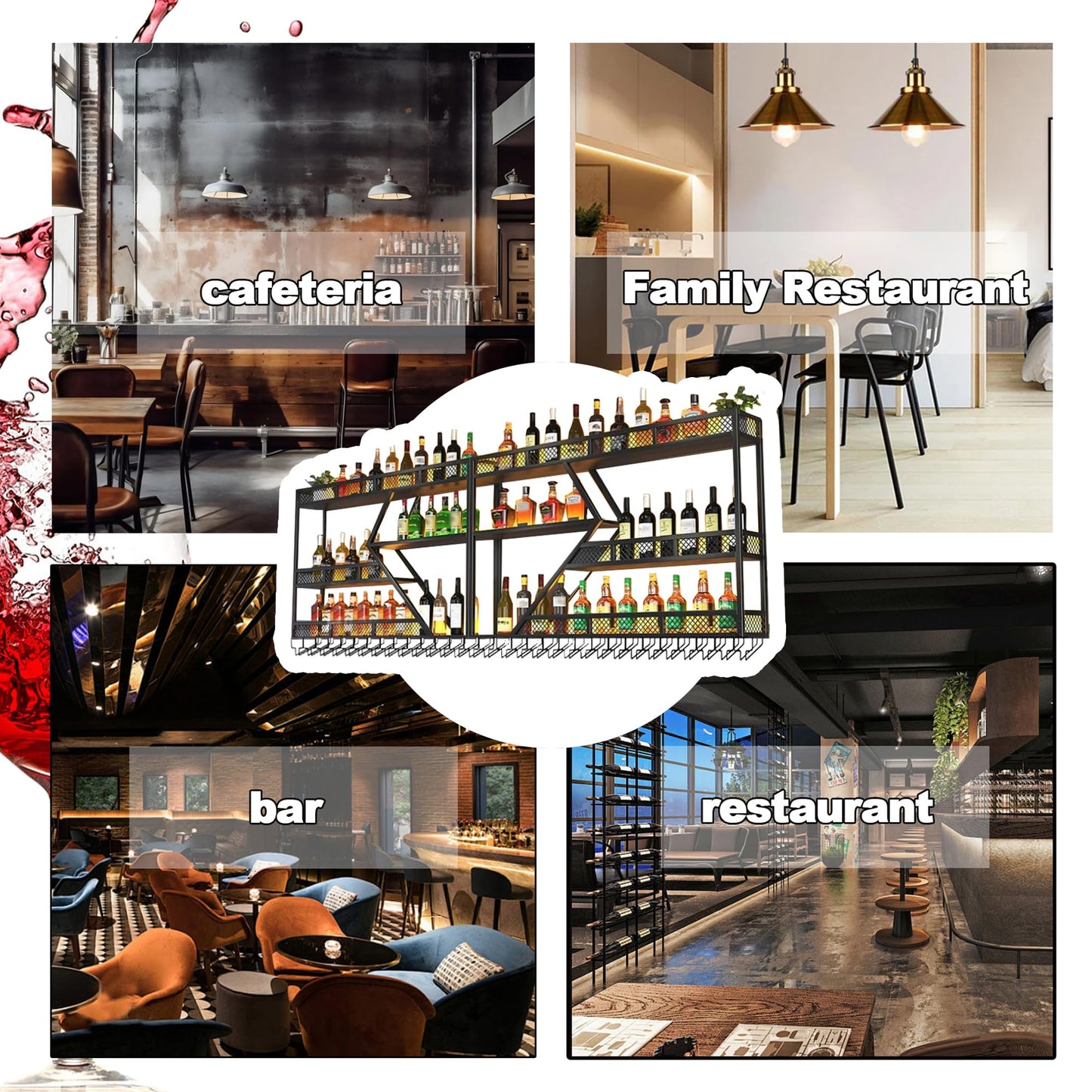 Weinregal aus Metall, großer Weinflaschenhalter aus Wandmontage mit 3 Ebenen, modernes, schwebendes Barregal in Rautenform,für die Dekoration von Restaurants und Bars zu Hause (schwarz, 200cm)