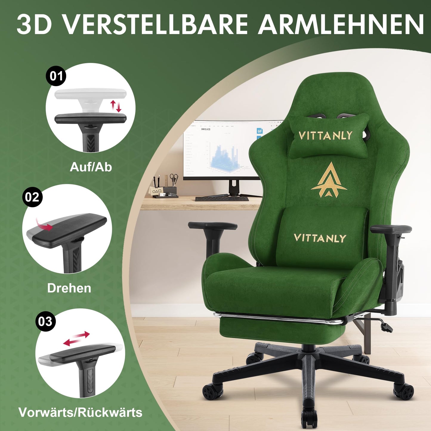 Vittanly Gaming Stuhl, Luxuriöser Wildlederimitat Gaming Chair Bürostuhl, Ergonomischer Schreibtischstuhl mit Fußstütze Kopfstütze und Lendenkissen, 3D Armlehnen, 90-155° Rückenlehne, Weinrot