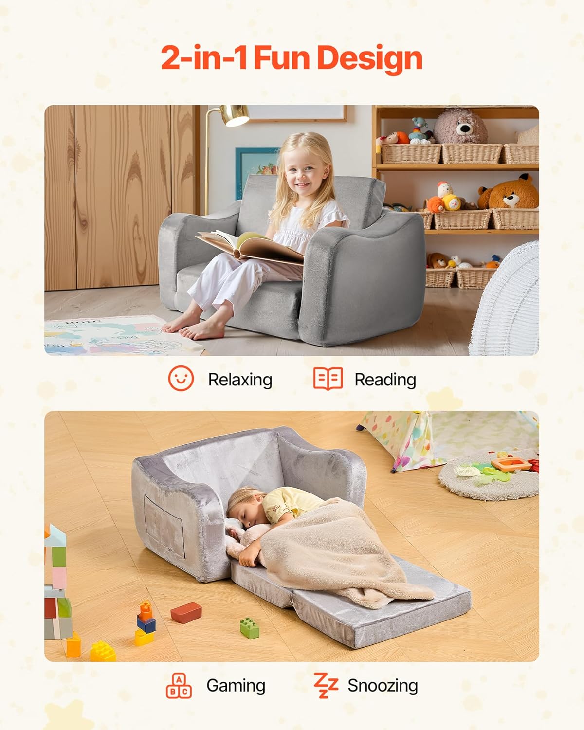 VEVOR Children's Sofa Children's Chair Made of 28D Sponge & Short Pile with Armrests, Fold-Out Children's Couch in Lounger, Sofa Bed Children (18 Months - 6 Years), Birthday Gift for Girls & Boys