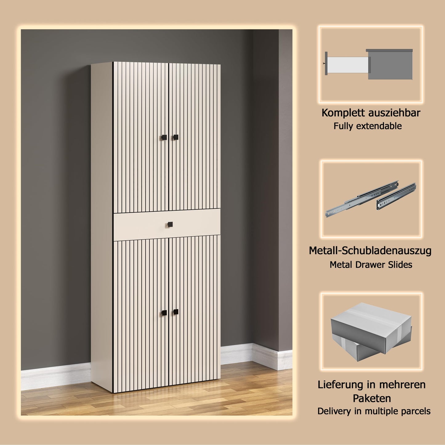 trendteam smart living - PureBliss - Hochschrank - Eiche - Badezimmerschrank in moderner Rillenoptik - edle Metallgriffe - (BxHxT) 40 x 186 x 31 cm - 2 praktische Einlegeböden - kratzfest