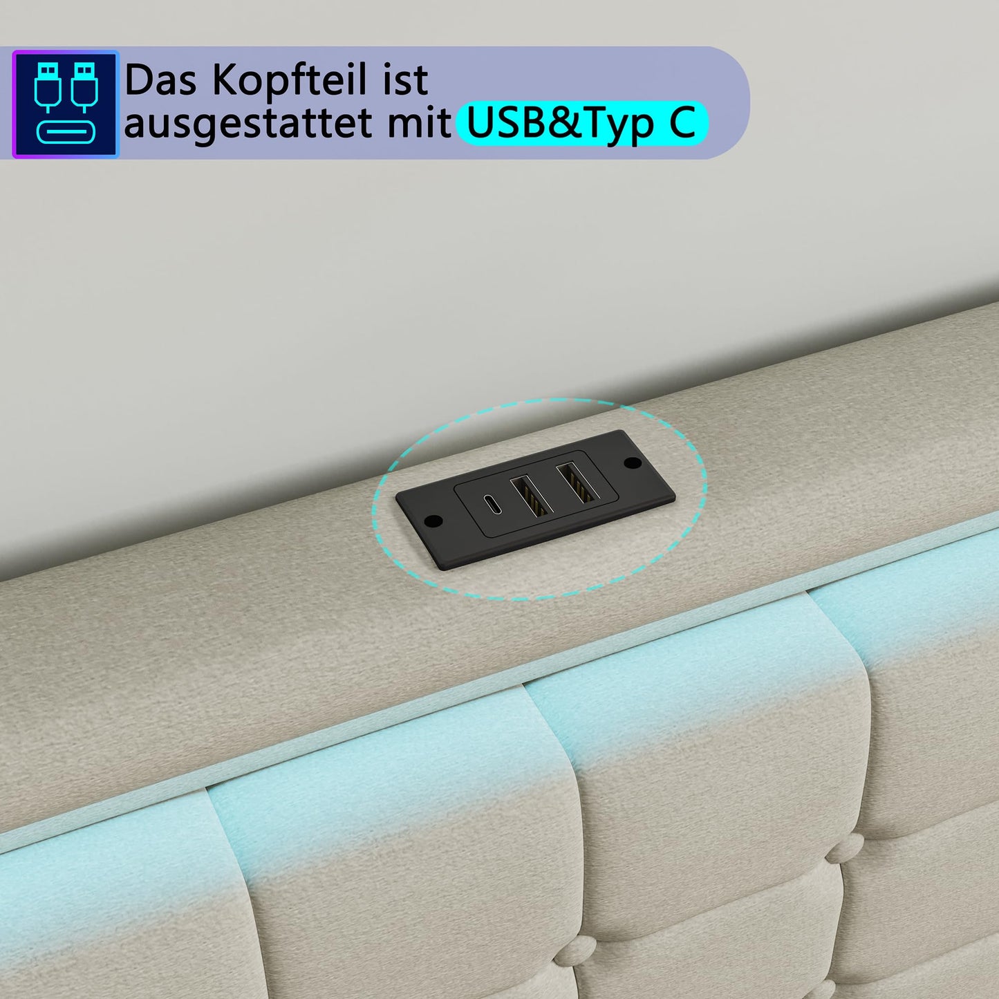 KeepGoon Doppelbett 140 x 200 cm,Polsterbett mit LED-Leuchten, 4 Eisenschubladen und einem USB Ladeanschluss,Stauraumbetten Bettgestell,Leinenstoff (Beige)