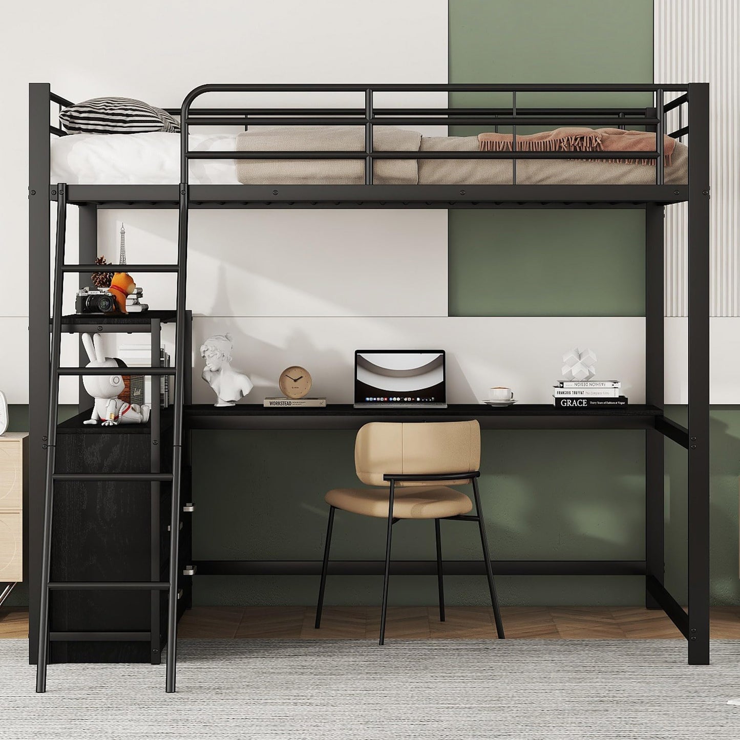 Merax Kinderbett Hochbett 90x200 cm Metallbett mit L-förmigem Schreibtisch, 2 Schubladen und Regal, Bettgestell mit Lattenrost (ohne Matratze) für Kinder/Erwachsene, Schwarz