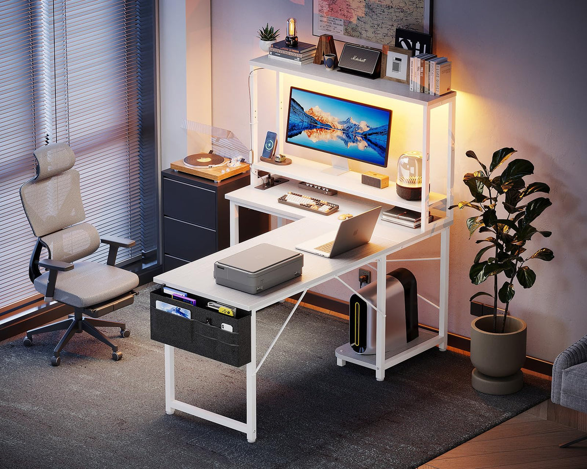 Coleshome Gaming Table L Shape with LED & Sockets, 135 × 100 cm Reversible Gaming Desk with Storage Shelves, Corner Desk with Storage Bag for Home Office and Gaming, Black