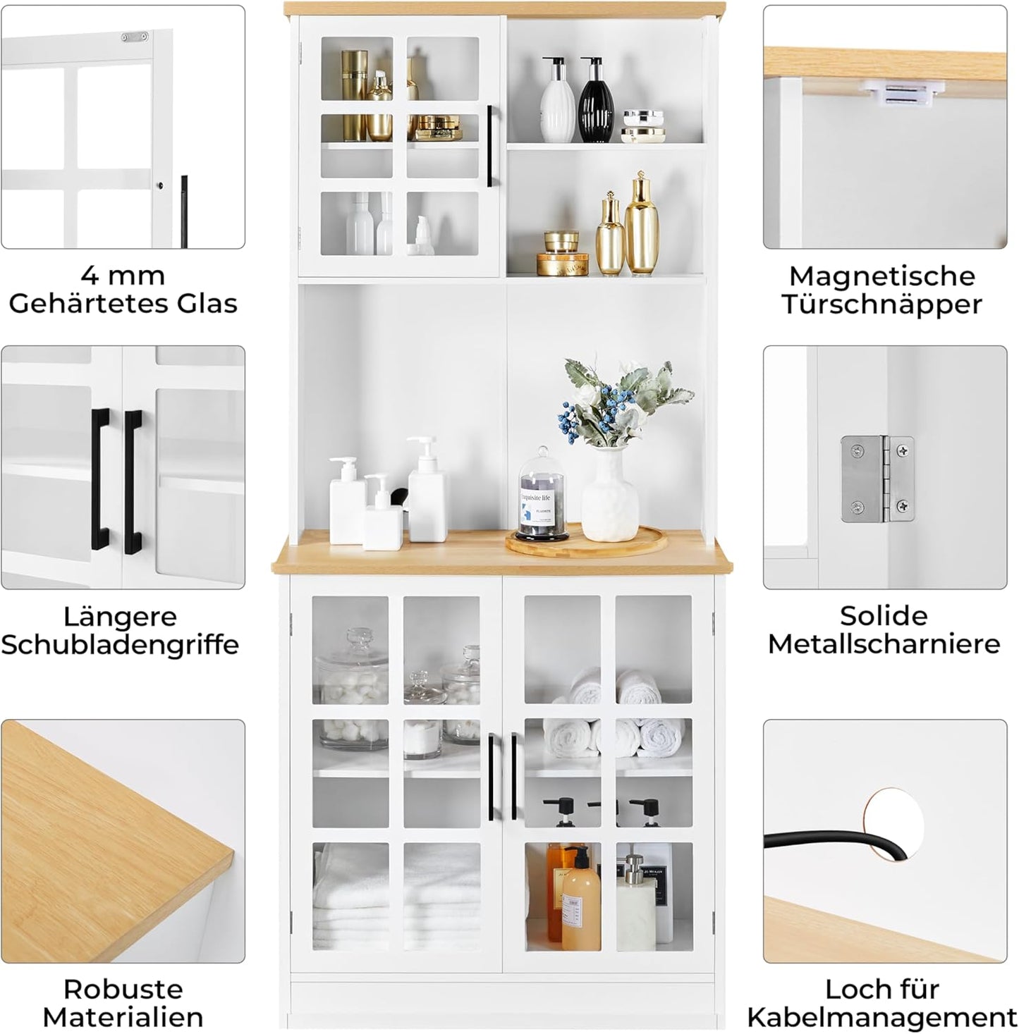 Yaheetech Kitchen Cabinet, Tall Cabinet with Cabinet, Multi-Purpose Cabinet with Adjustable Shelves, Storage Cabinet with Glass Doors, Cupboard with Open Shelves, White