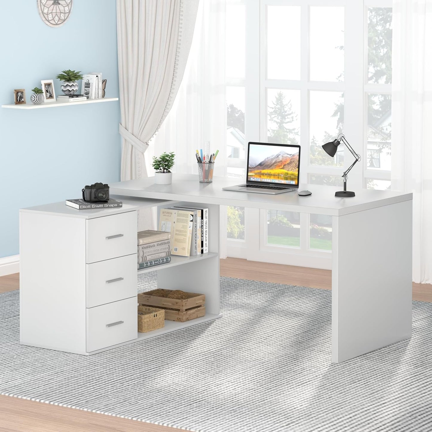 Mudmasa Schreibtisch Weiß Umkehrbarer Eckschreibtisch Computertisch Schreibtisch L Form mit Stauraum Bürotisch Eckschreibtisch mit 3 Schubladen und 2 Regalen für Büro Homeoffice 140x50x76 cm
