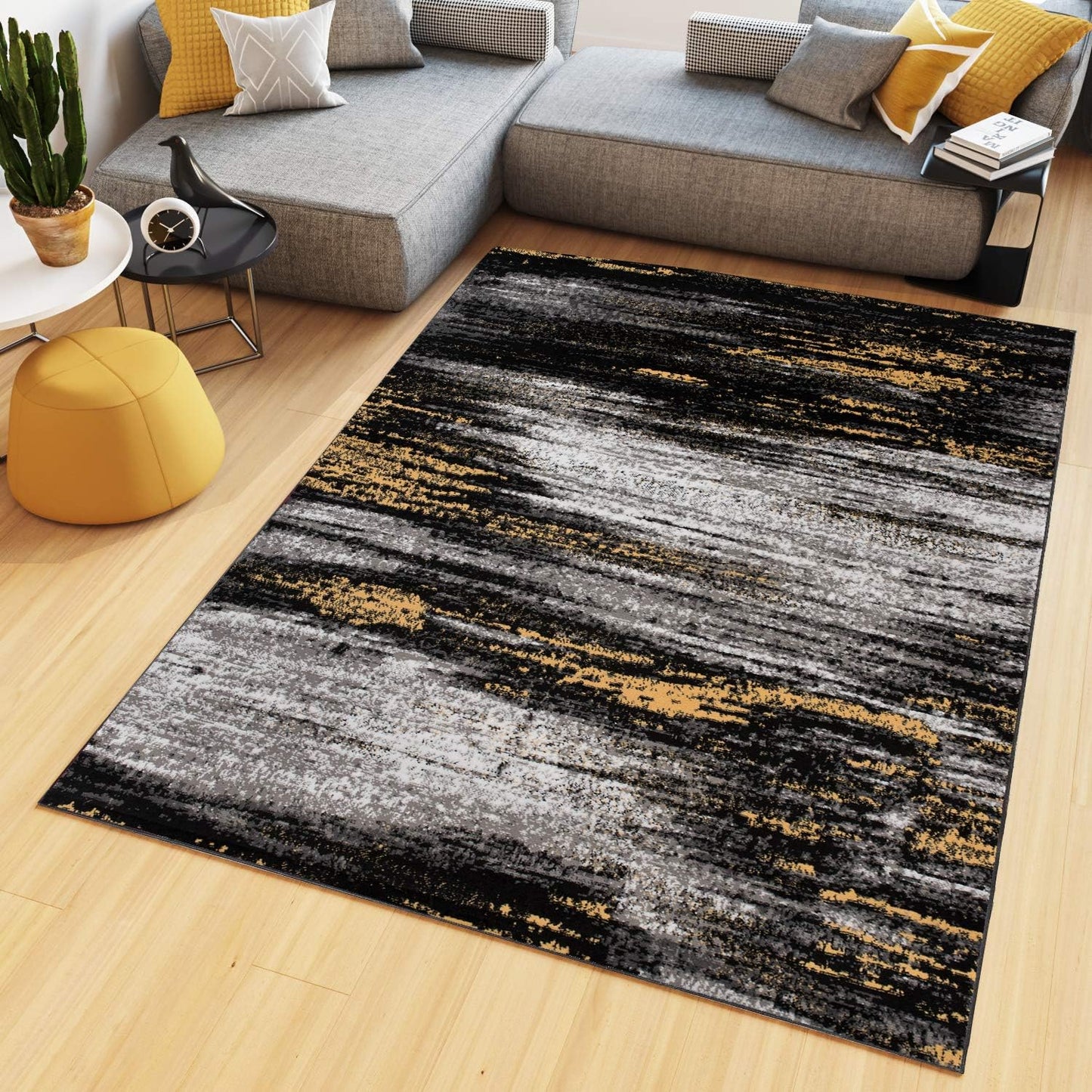 TAPISO Maya Short Pile Rug, Modern Floral Design, Black/Grey/Yellow/White, for Bedrooms, Children's Rooms, OEKO-TEX, 160 x 230 cm