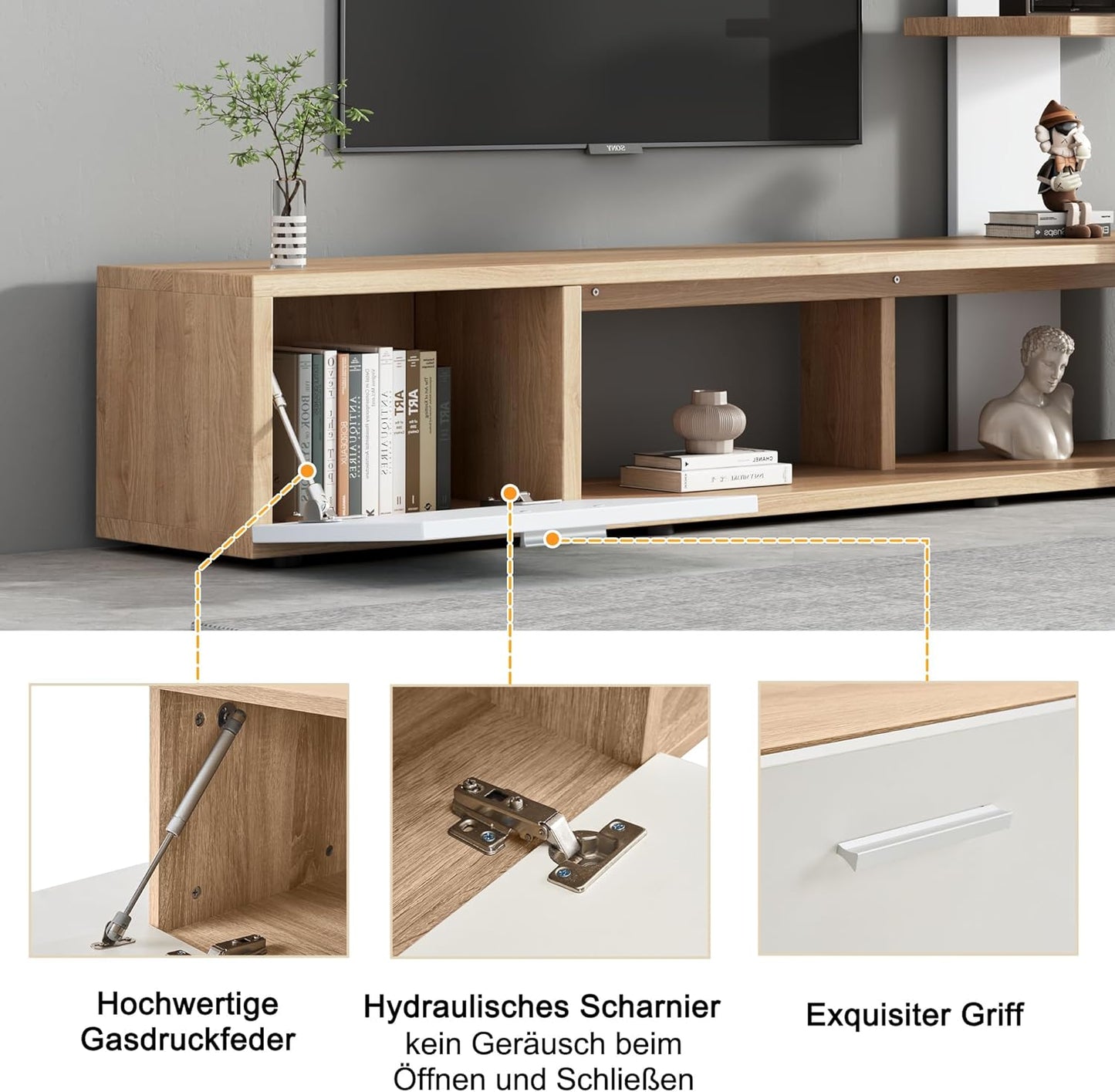 Merax Living Room Furniture Set, 1 x TV Lowboard, Three-Layer Wall Shelf, Living Room Furniture Complete, Elegant Cabinet Wall, Media Wall, Lots of Storage Space, for 60 Inch TVs, White & Wood Colour