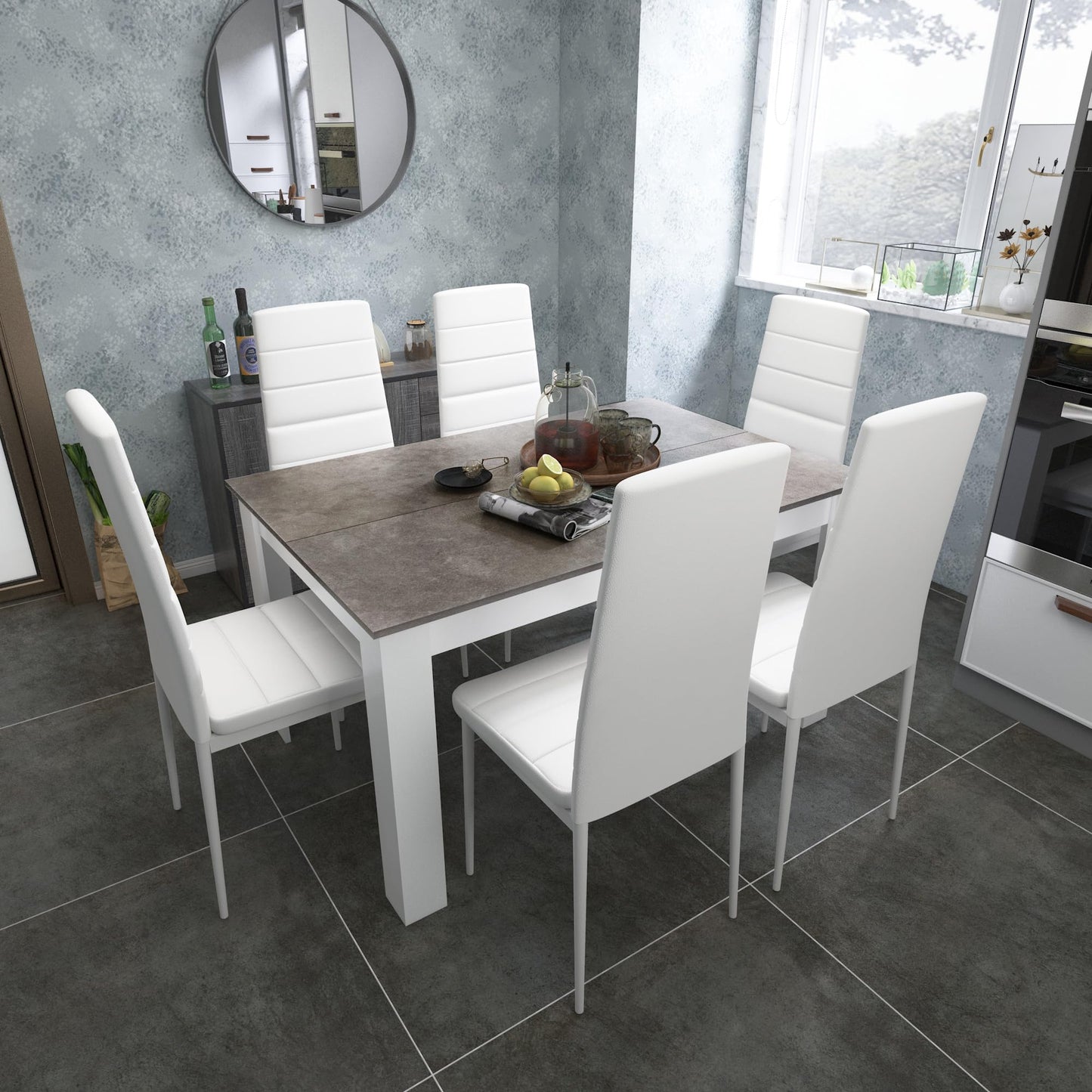 Mondeer Dining Table with 6 Chairs Set, Dining Set with High-Backed Chair, Faux Leather Chair for Kitchen, Dining Room, Living Room, W138 x D90 x H75 cm, White and Grey