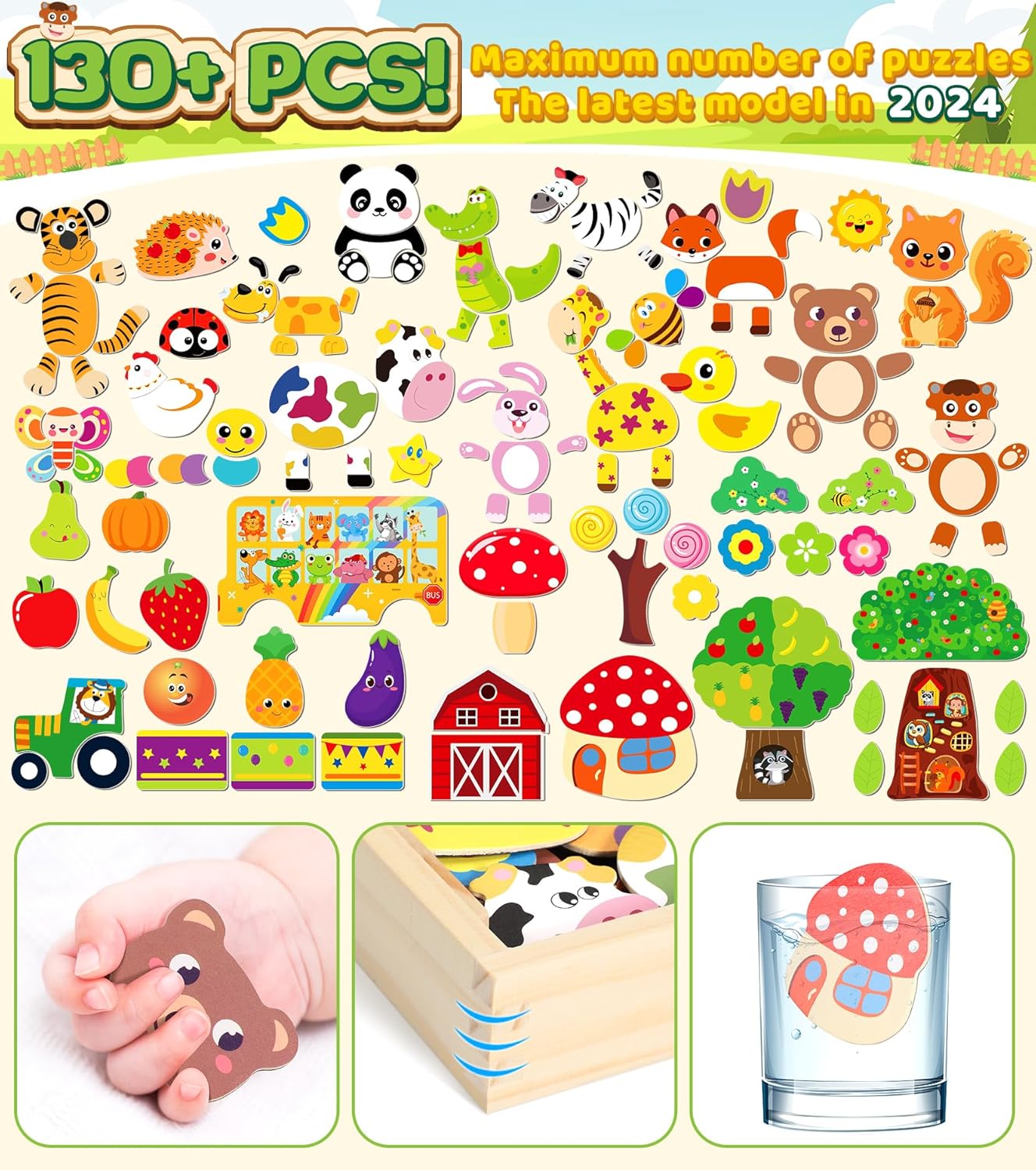 Jojoin 130 Stücke Magnetisches Holzpuzzle - 2025 Neu Montessori Holzpuzzle mit Doppelseitig Magnetisch | Wald | Bauernhof | Obst | Bus - Kreativ Spielzeug für Kinder