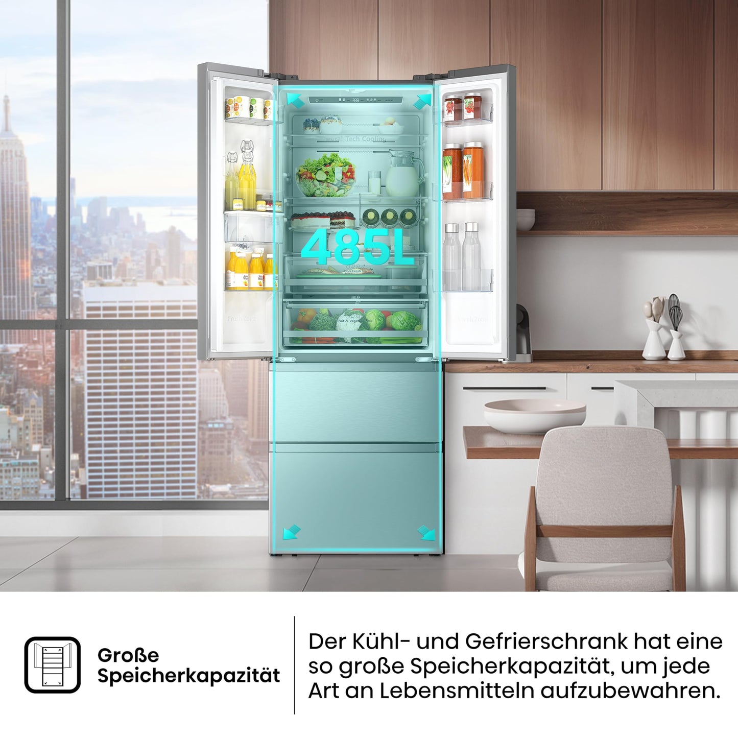Hisense RF632N4WIE French Door Kühl-Gefrierkombination/ NoFrostPlus/ Inverter-Kompressor/ Wasserspender/ CrispZone/ 200 cm/ Kühlteil 336 l/ Gefrierteil 149 l/ 38 dB/ 295 kWh/ Jahr/ Inox-Look