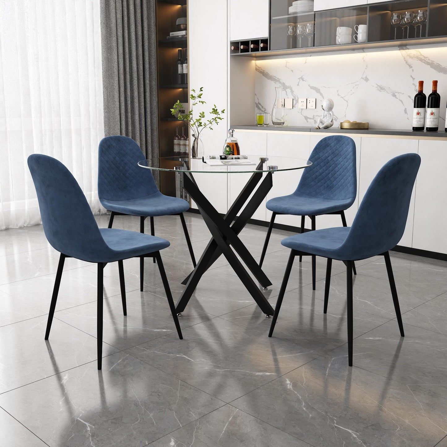 GOLDFAN Dining Table with 4 Chairs Dining Table Round Glass Kitchen Table Dining Room Chair Velvet 80 cm Green