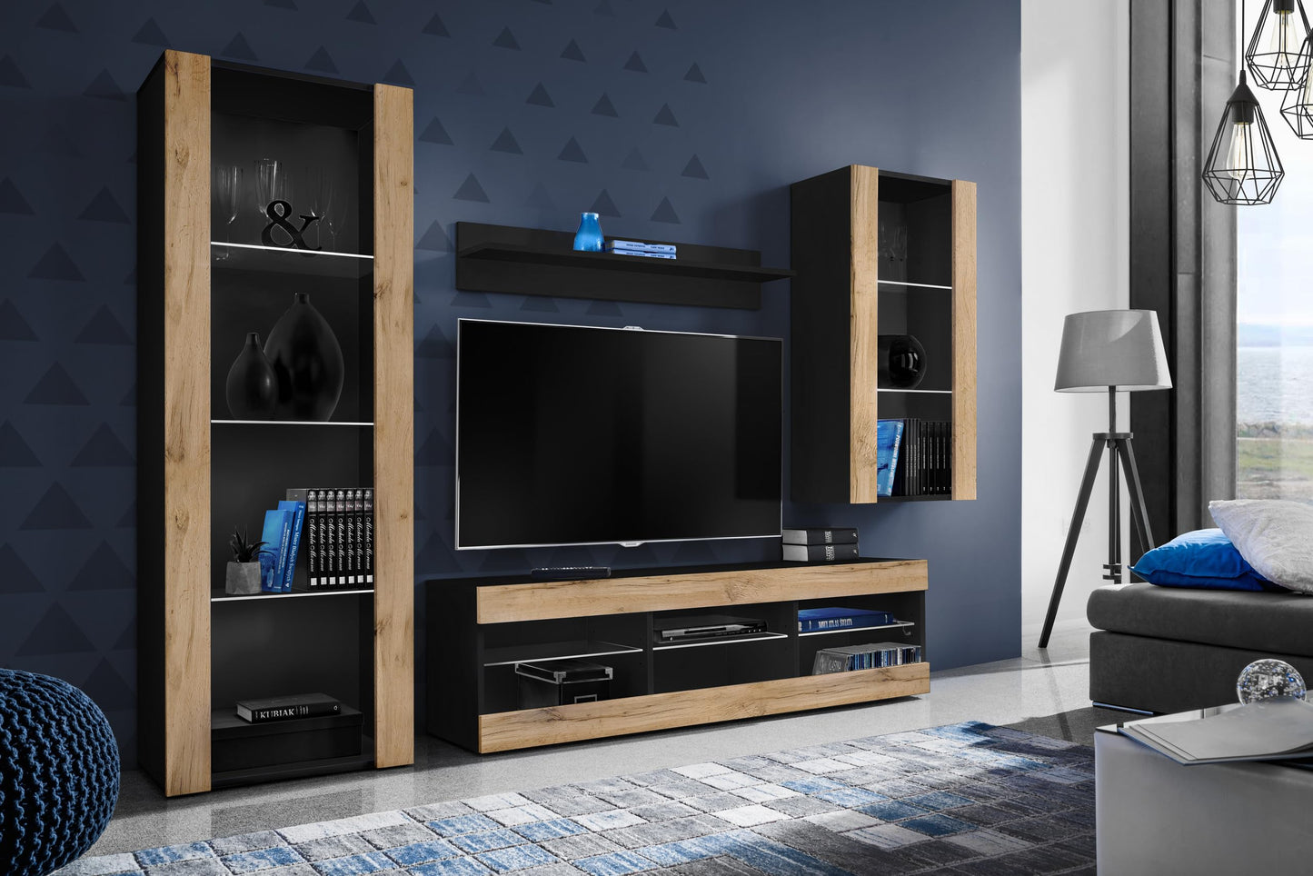 Komodee Tivoli Medio Wall Unit Living Room Set, Black/Black, Width 245 cm x Height 159 cm x Depth 35 cm, LED Blue, for Living Room, Bedroom
