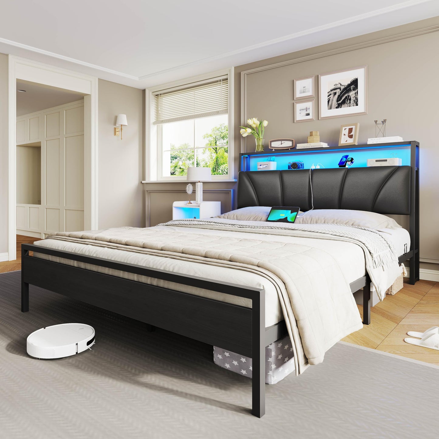 Brinlawb Bed 140 x 200 cm with Metal Slatted Frame, Bed Frame 140 x 200 cm with LED Lighting, Metal Bed 140 x 200 cm with Headboard and Charging Station (2 AC Sockets, 2 USB Ports), Youth Bed, Double