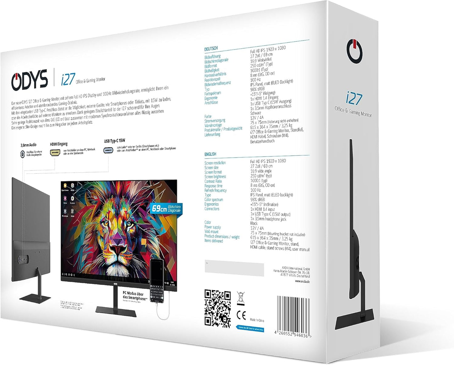 ODYS i27-Q-180-27 Inch Gaming Monitor (69 cm Screen, WQHD, 2,560 x 1,440 Pixels, 180 Hz, 1ms Response Time (MPRT), Fast IPS Panel, 120% sRGB, FreeSync, 2x HDMI, 2x Display Port)